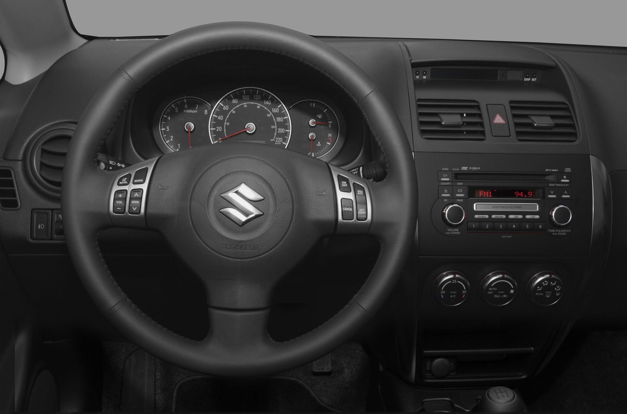 Steering wheel with controls and dashboard with instrumentation and climate control