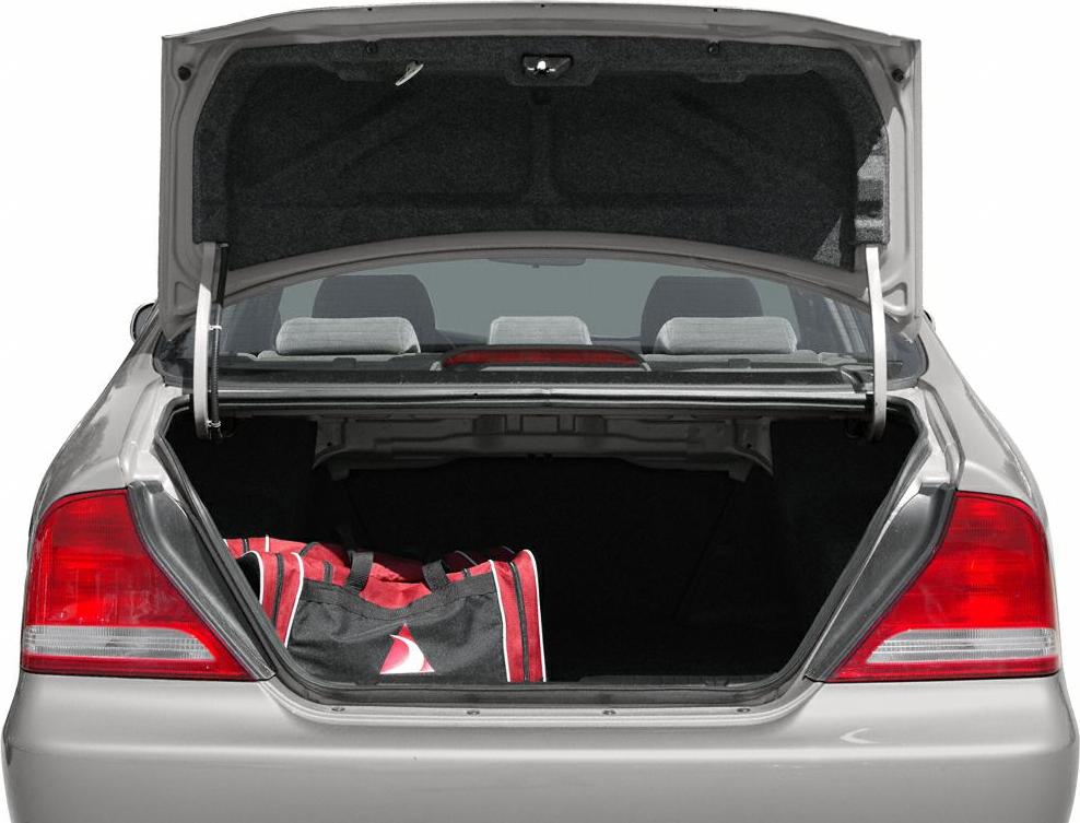 Open sedan trunk with sports bag and visible rear lights