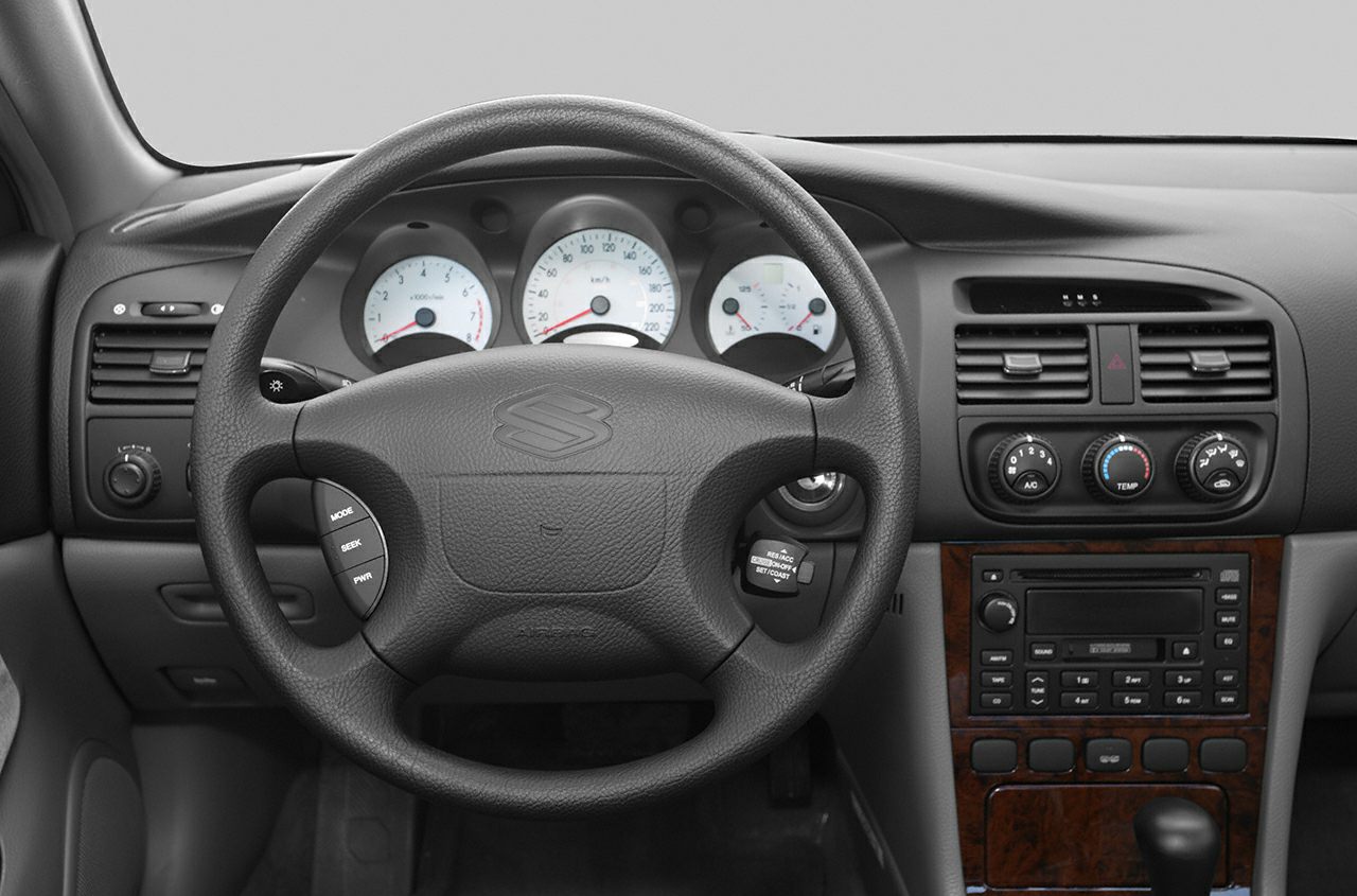 Steering wheel with controls, dashboard with instruments and climate controls