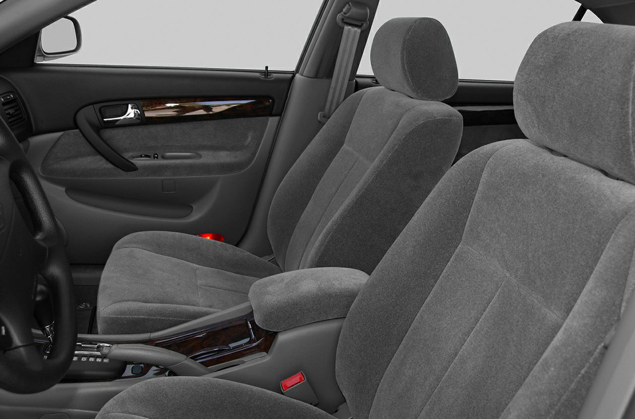 Gray fabric front seats with wood trim door panels
