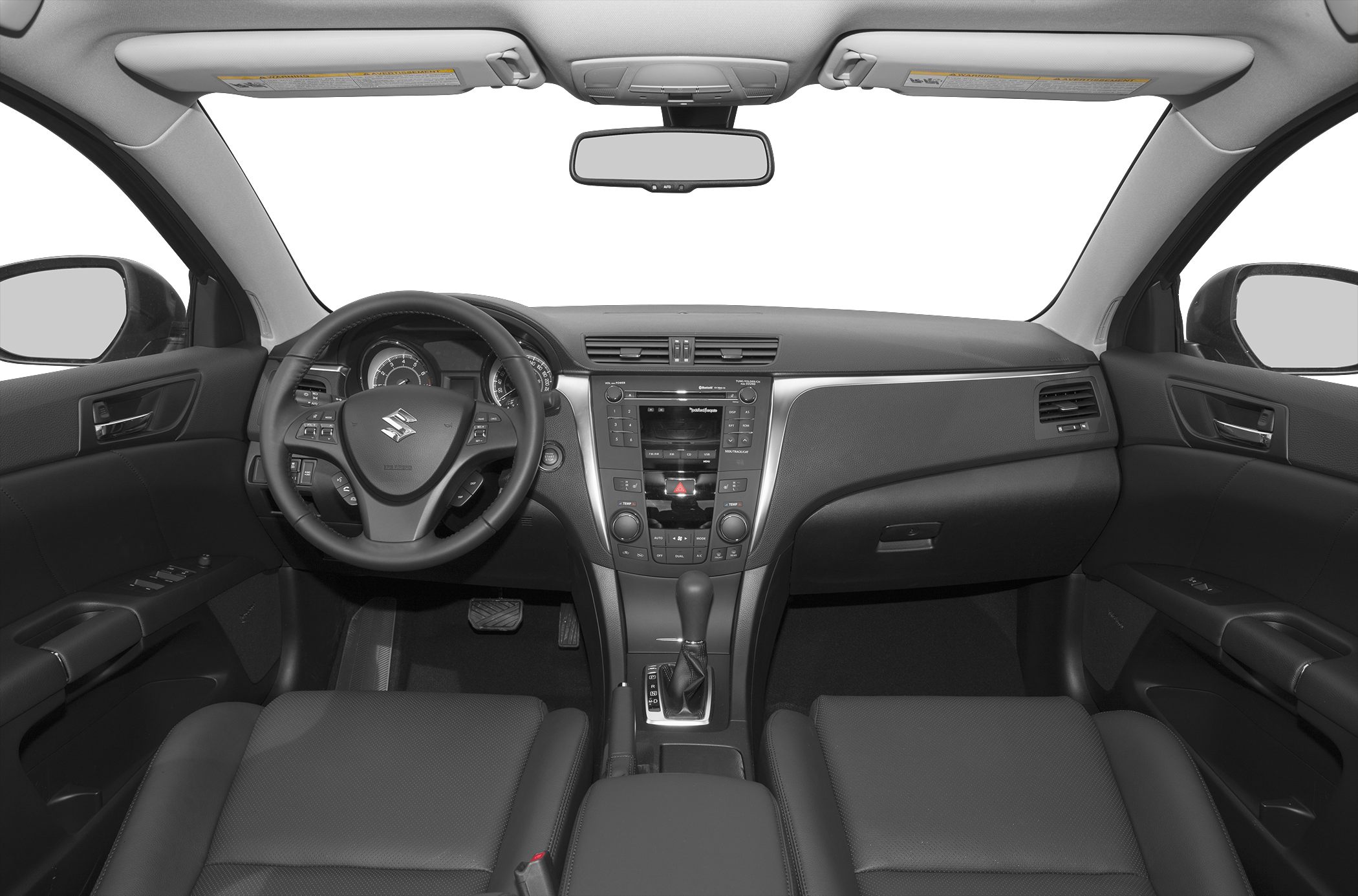 Modern dashboard and steering wheel with central control panel.