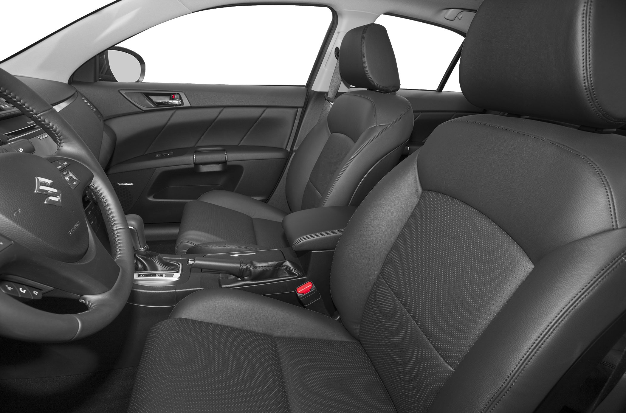Black leather seats and dashboard with automatic gearshift and steering wheel