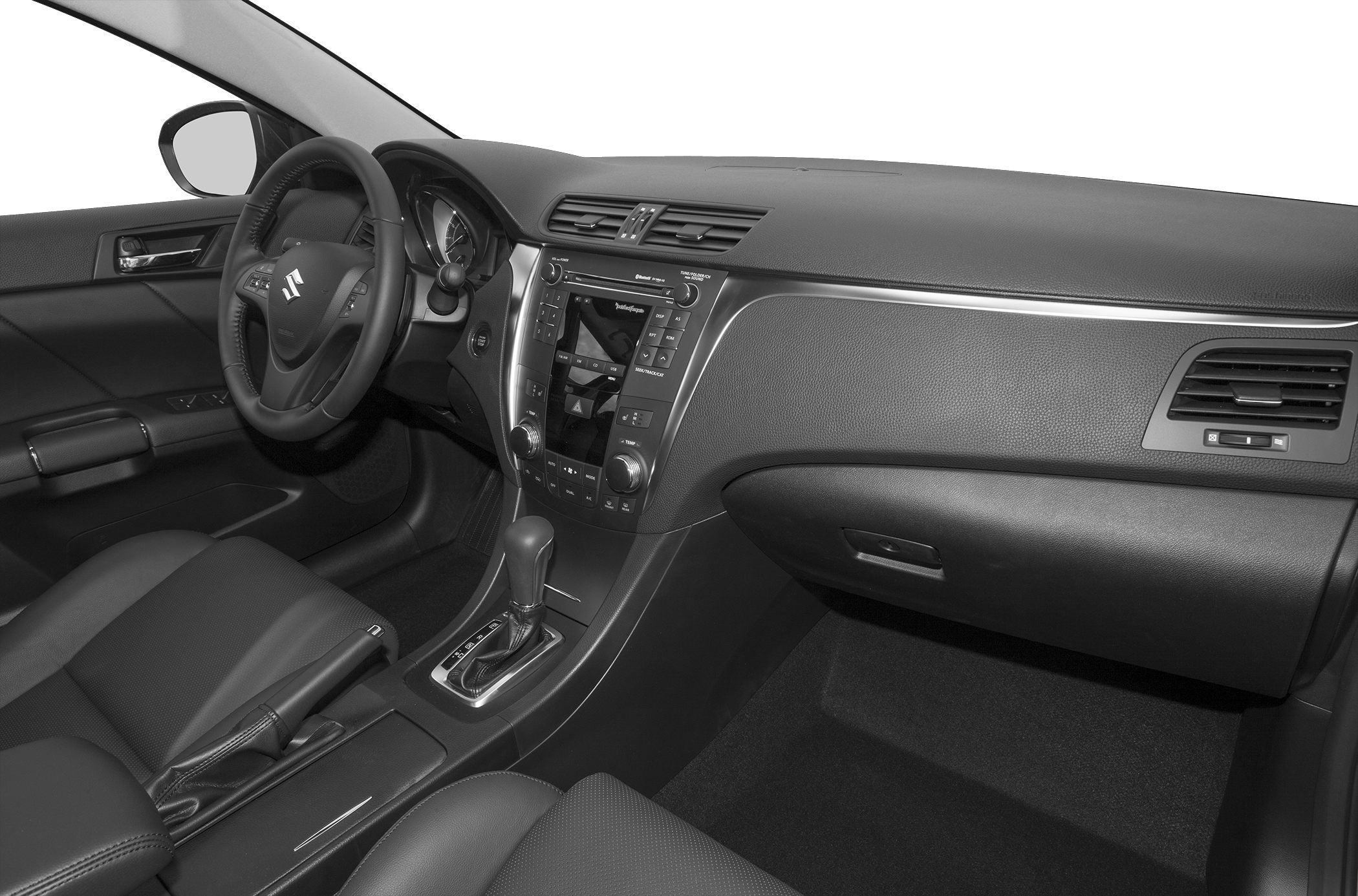 Dashboard and central console with steering wheel and gear shift