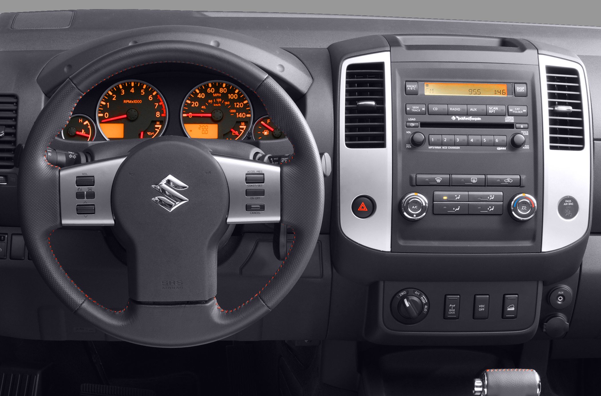 Dashboard and steering wheel with instrument cluster and center console