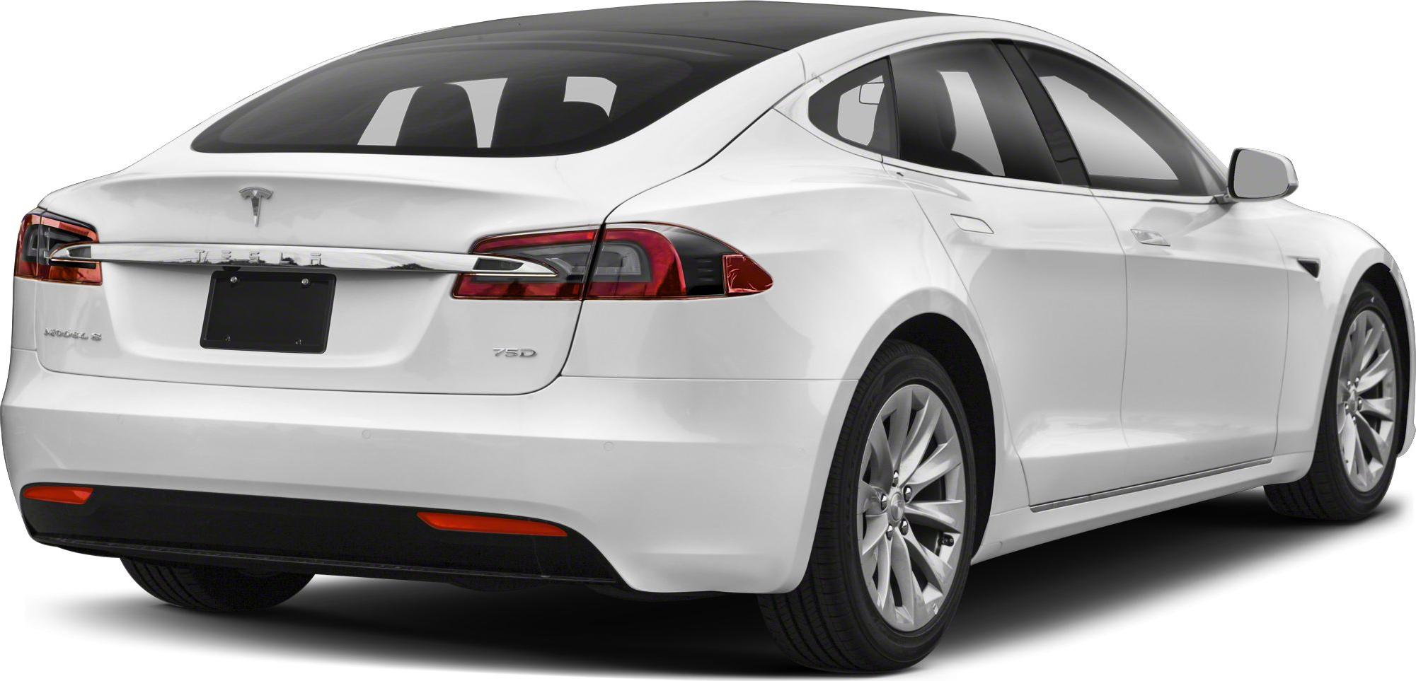 Rear view of electric sedan with distinctive tail lights and chrome trim