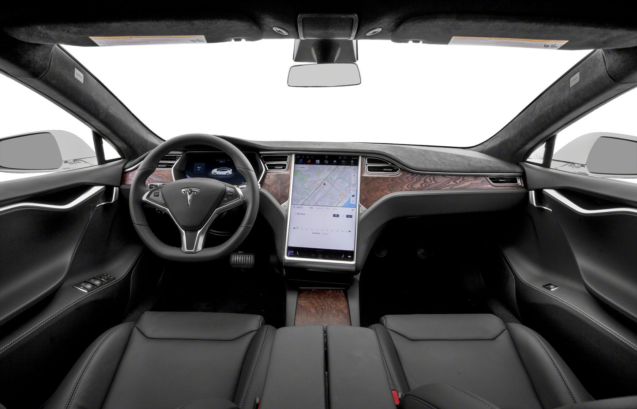 Tesla Model S 2016 interior with steering wheel and large vertical touchscreen