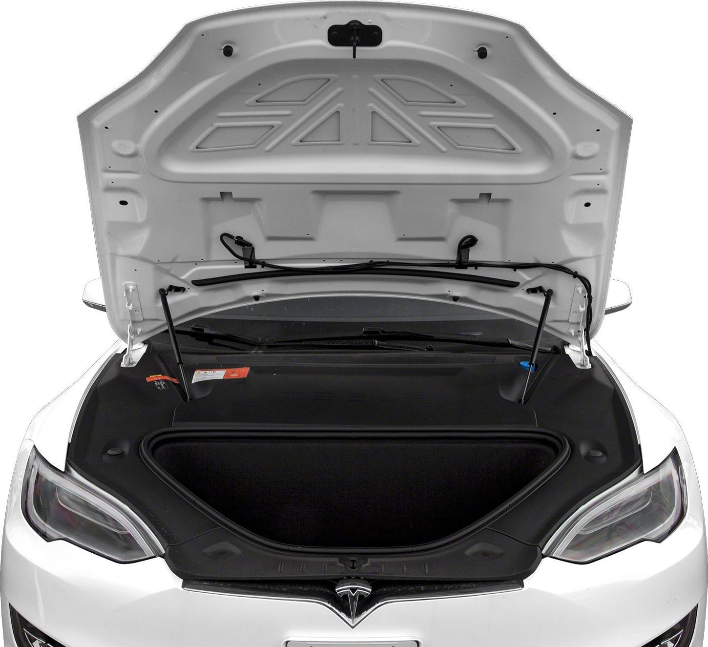 Front trunk (frunk) of electric sedan with open hood