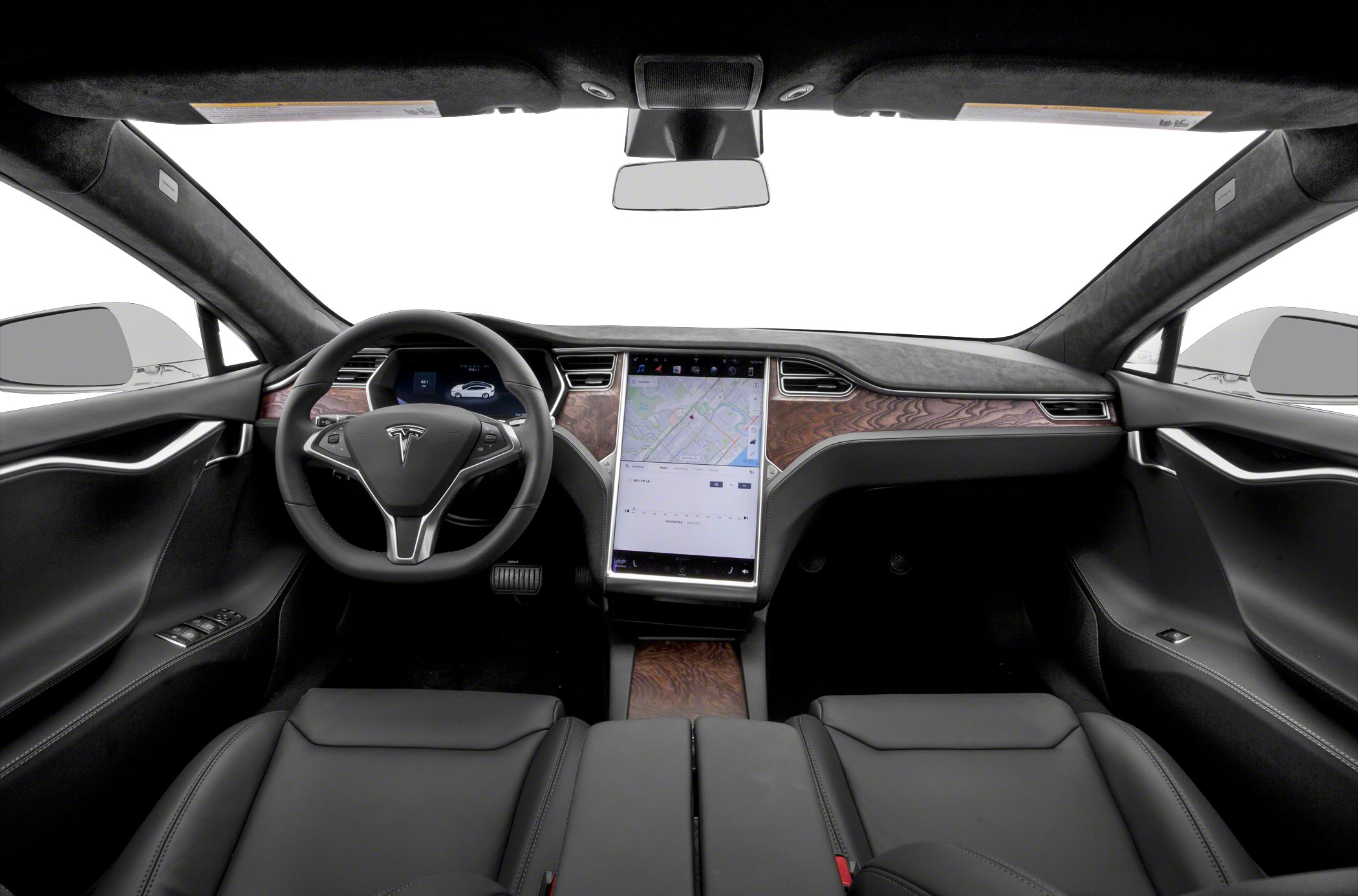 Modern car interior with touchscreen and wood-trimmed dashboard