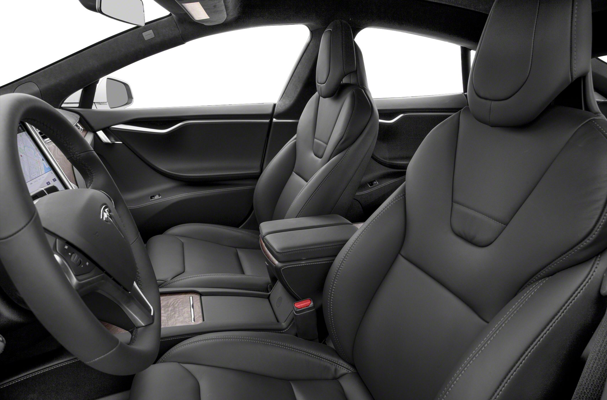 Luxury electric car interior with black leather seats and modern dashboard