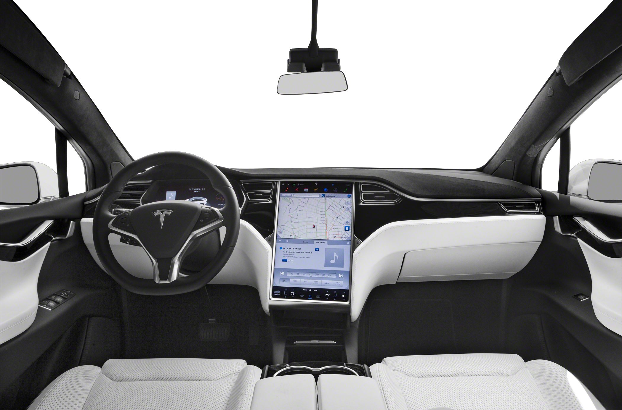 Minimalist dashboard with large central touchscreen and digital instrument cluster