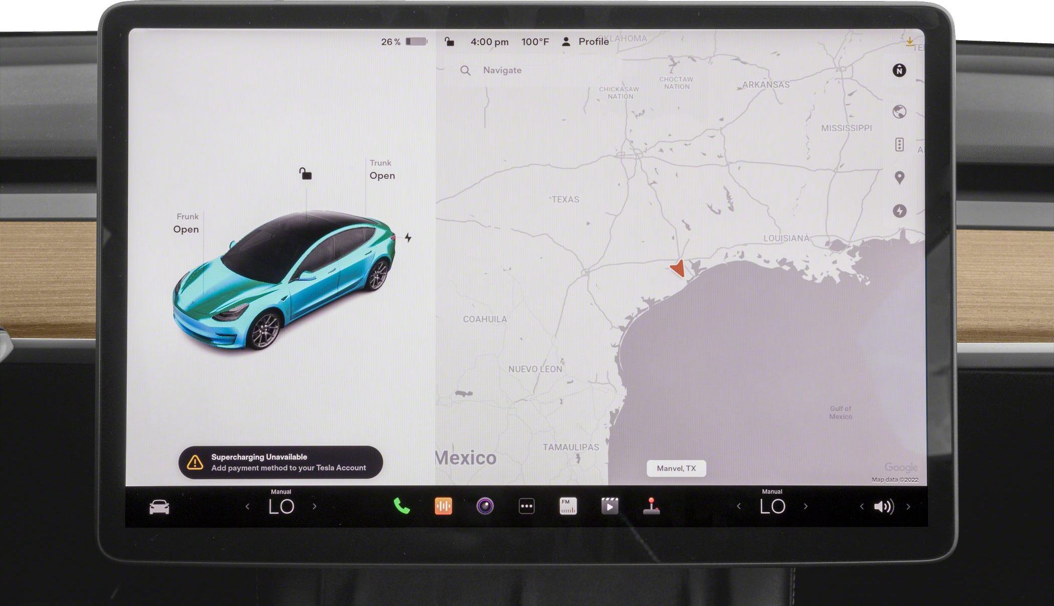 Touchscreen display showing vehicle status and navigation map