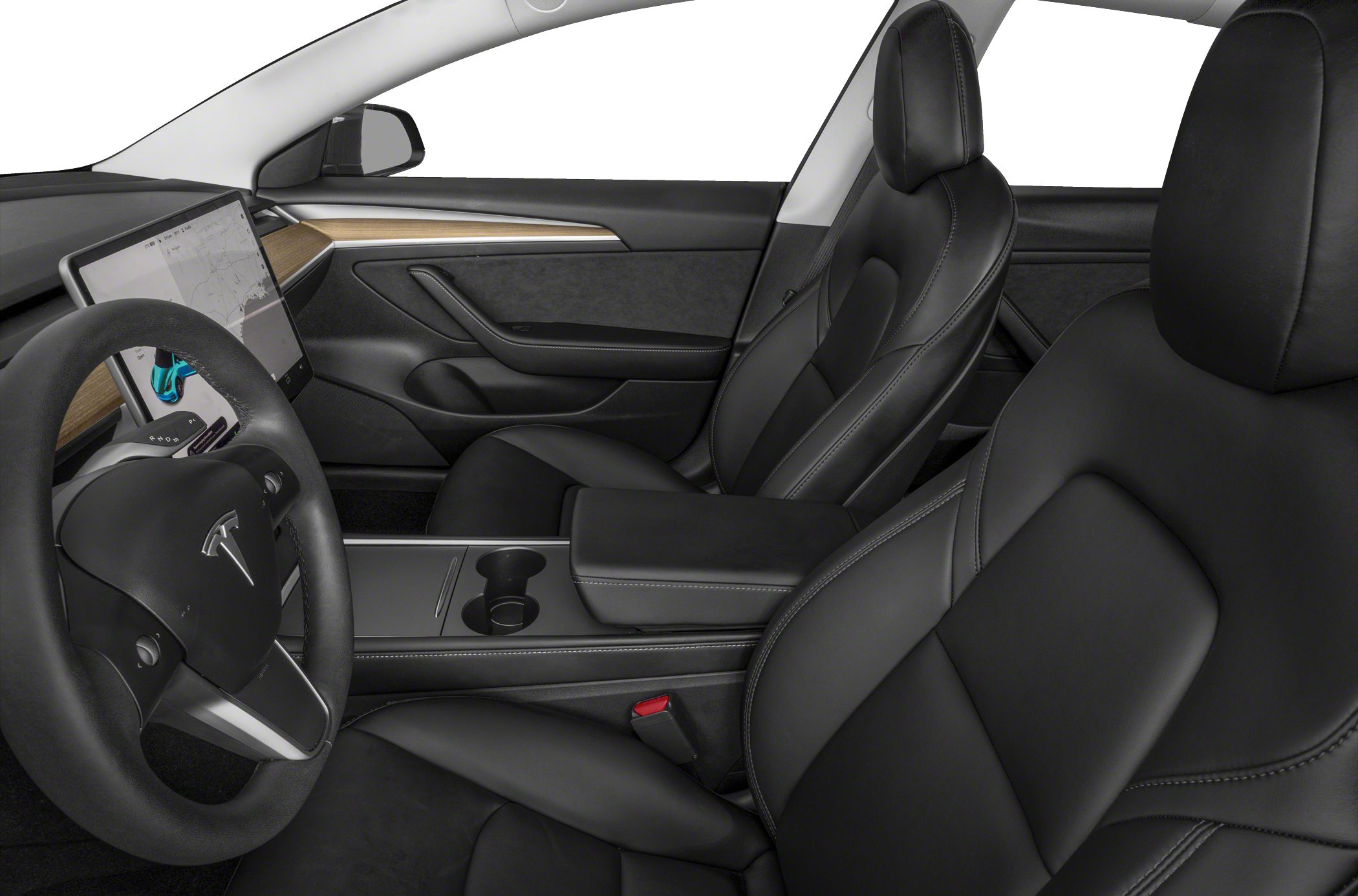 Black leather seats and large central touchscreen dashboard
