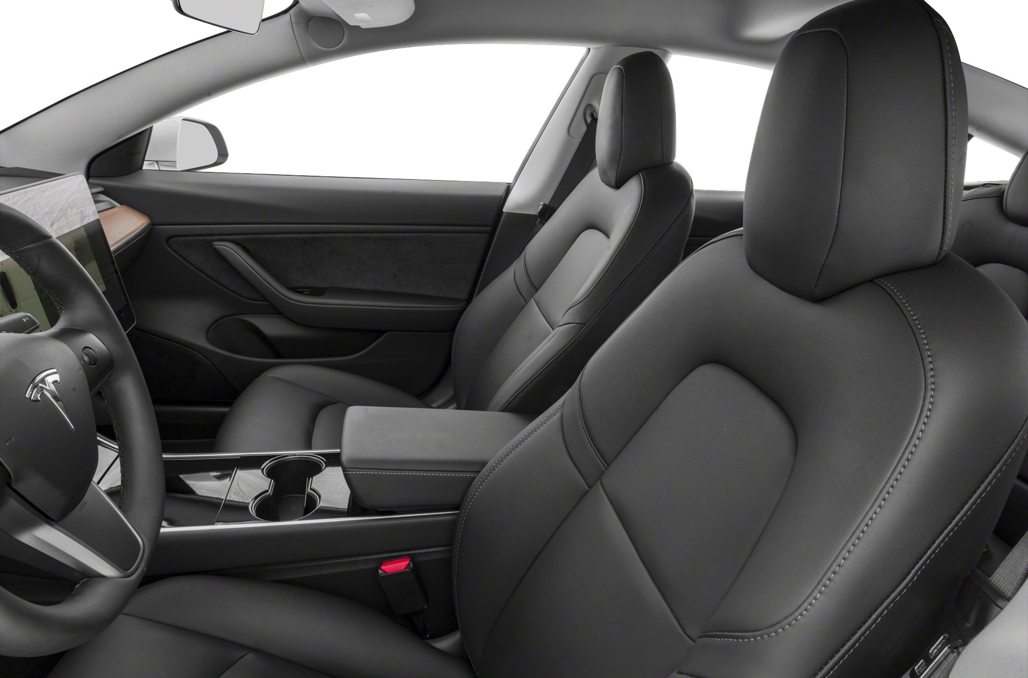 Sleek black leather seats with modern console and dashboard view