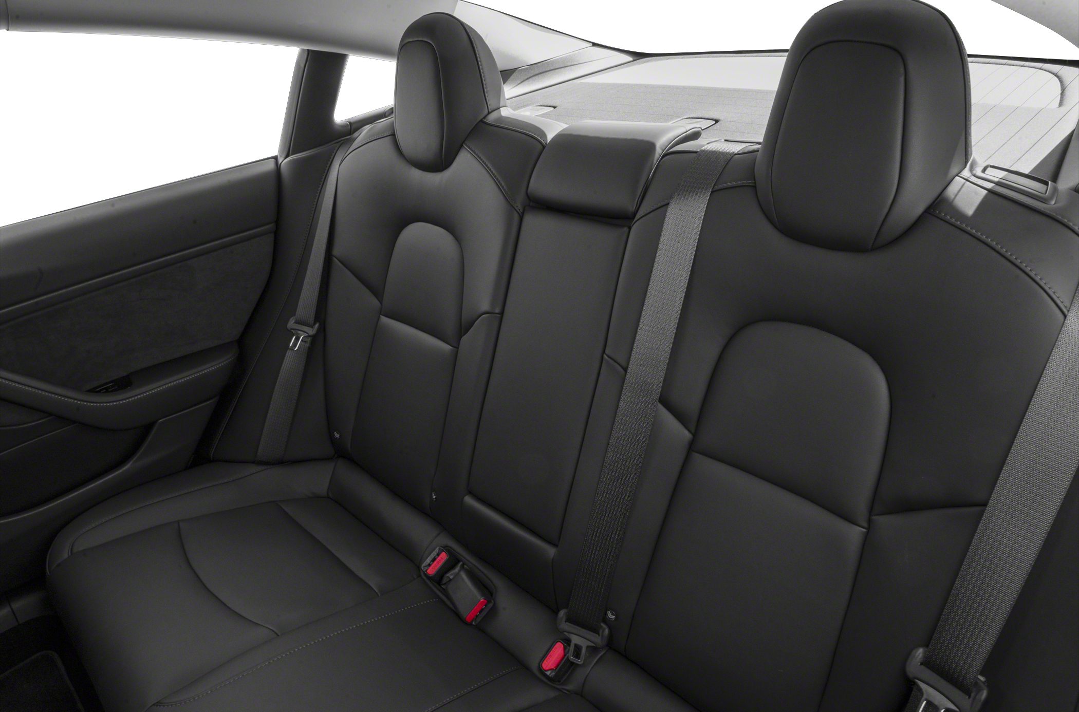 Rear seat with black leather upholstery, three headrests, and seatbelts