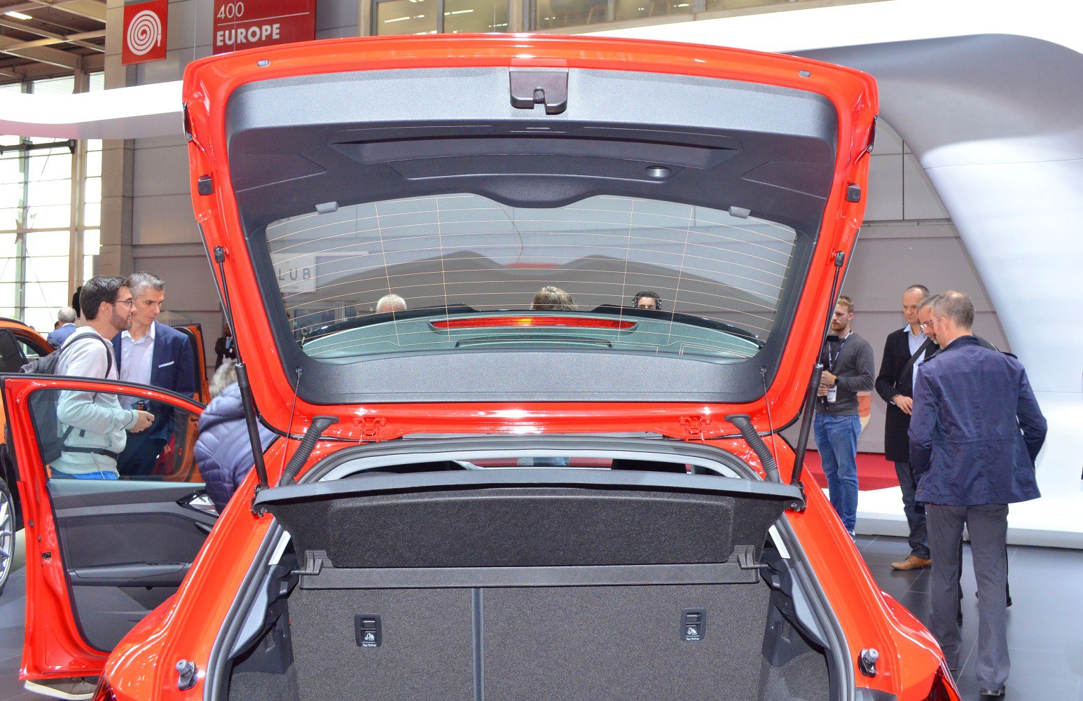 Open trunk and rear hatch interior of a compact hatchback
