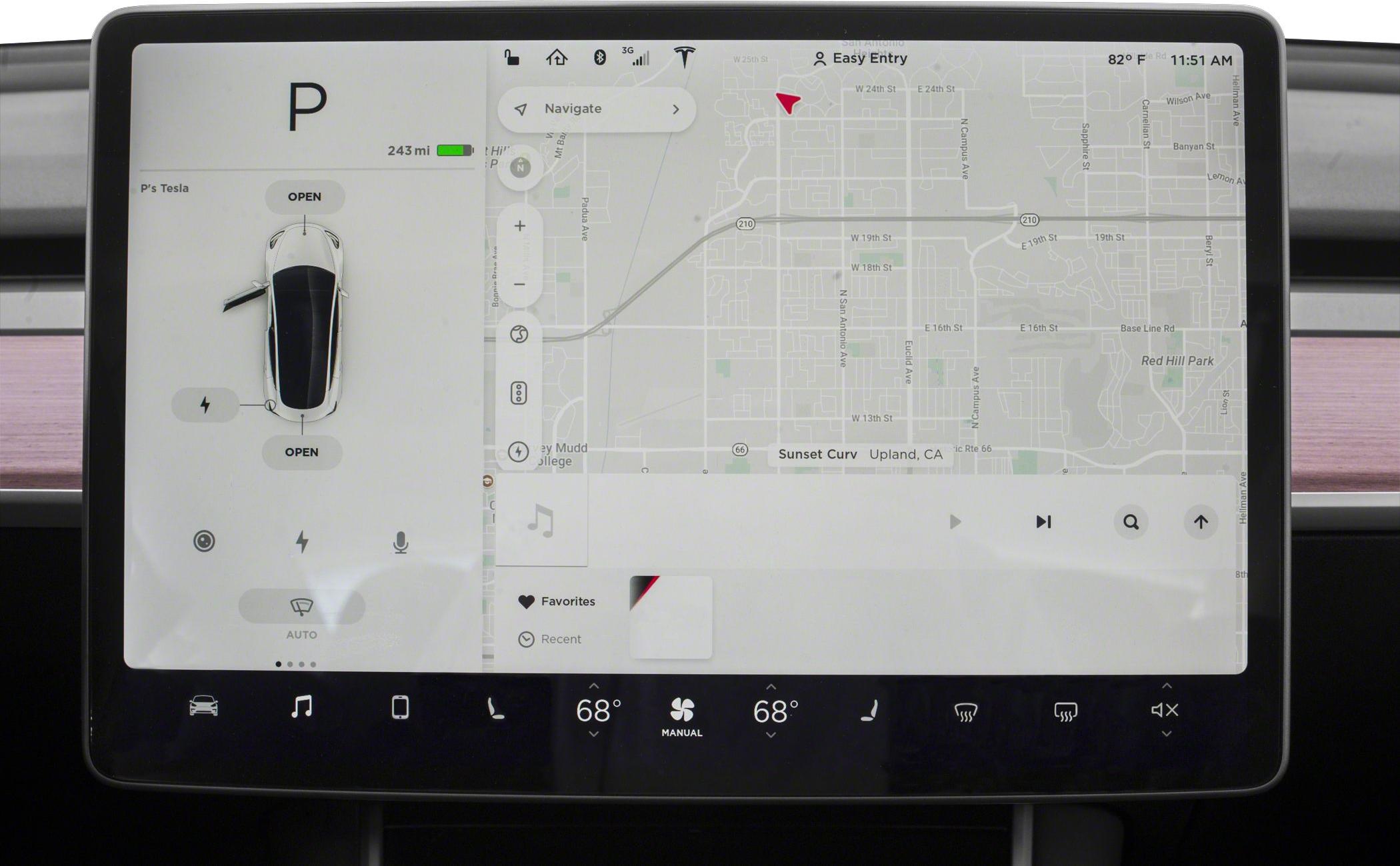 Tesla Model 3 touchscreen interface showing navigation and control features