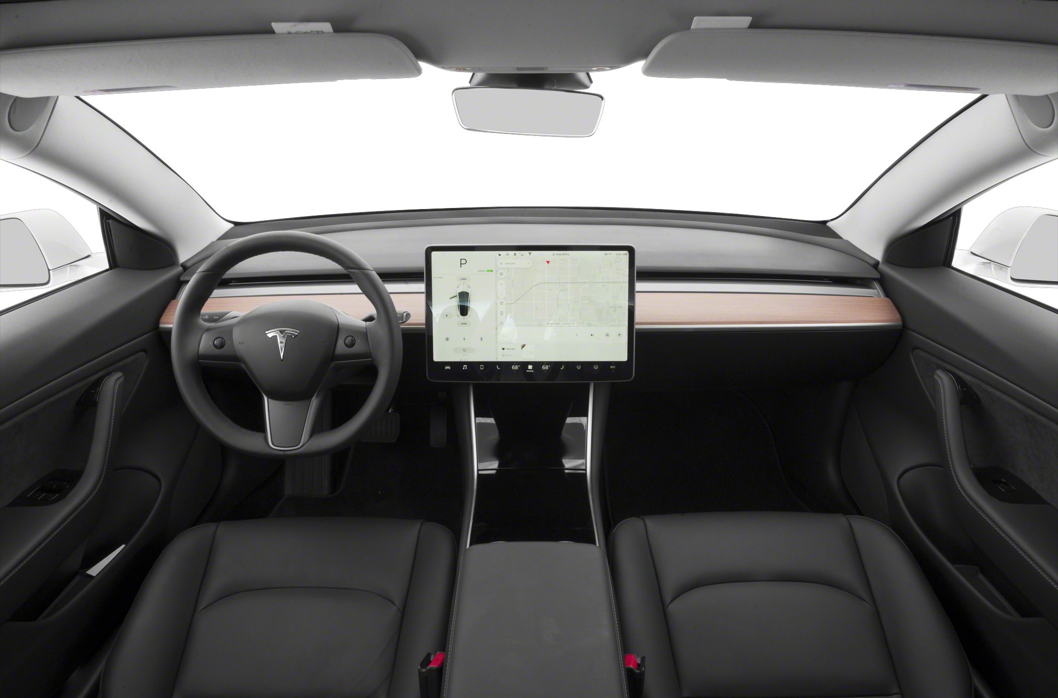Minimalist dashboard with large central touchscreen and wood trim