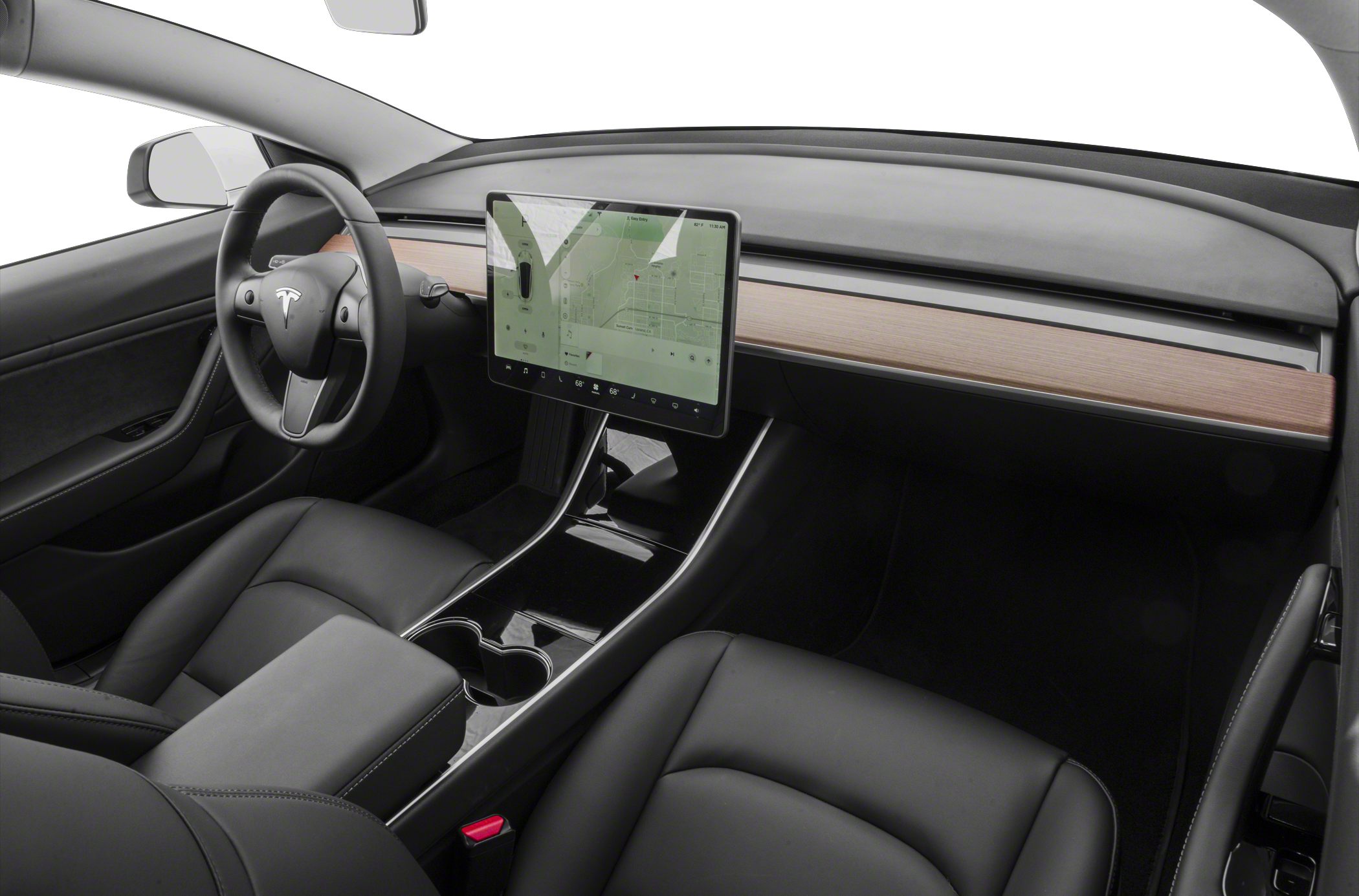 Minimalist dashboard and large center touchscreen display in car interior