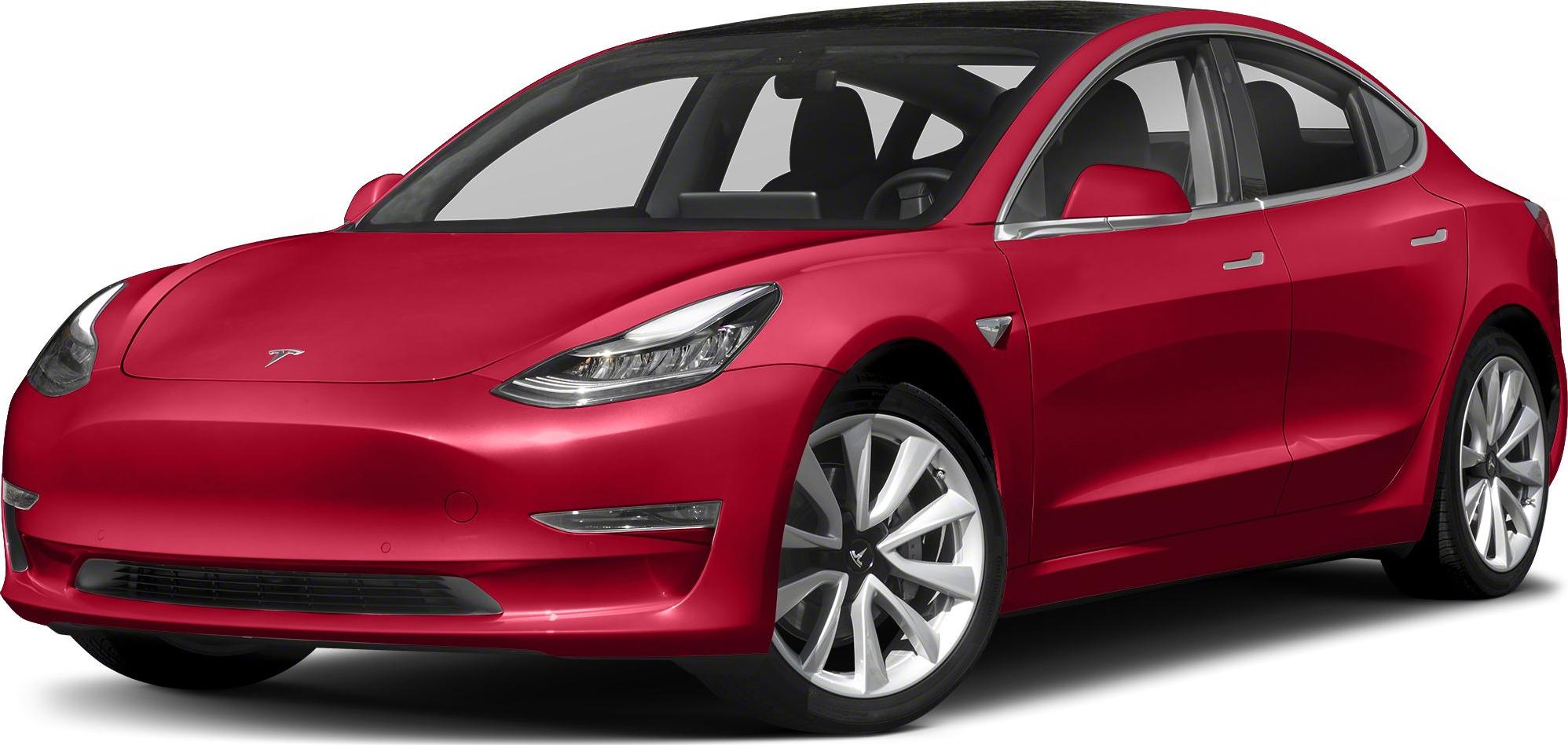 Front side view of a red electric sedan with LED headlights and aerodynamic design