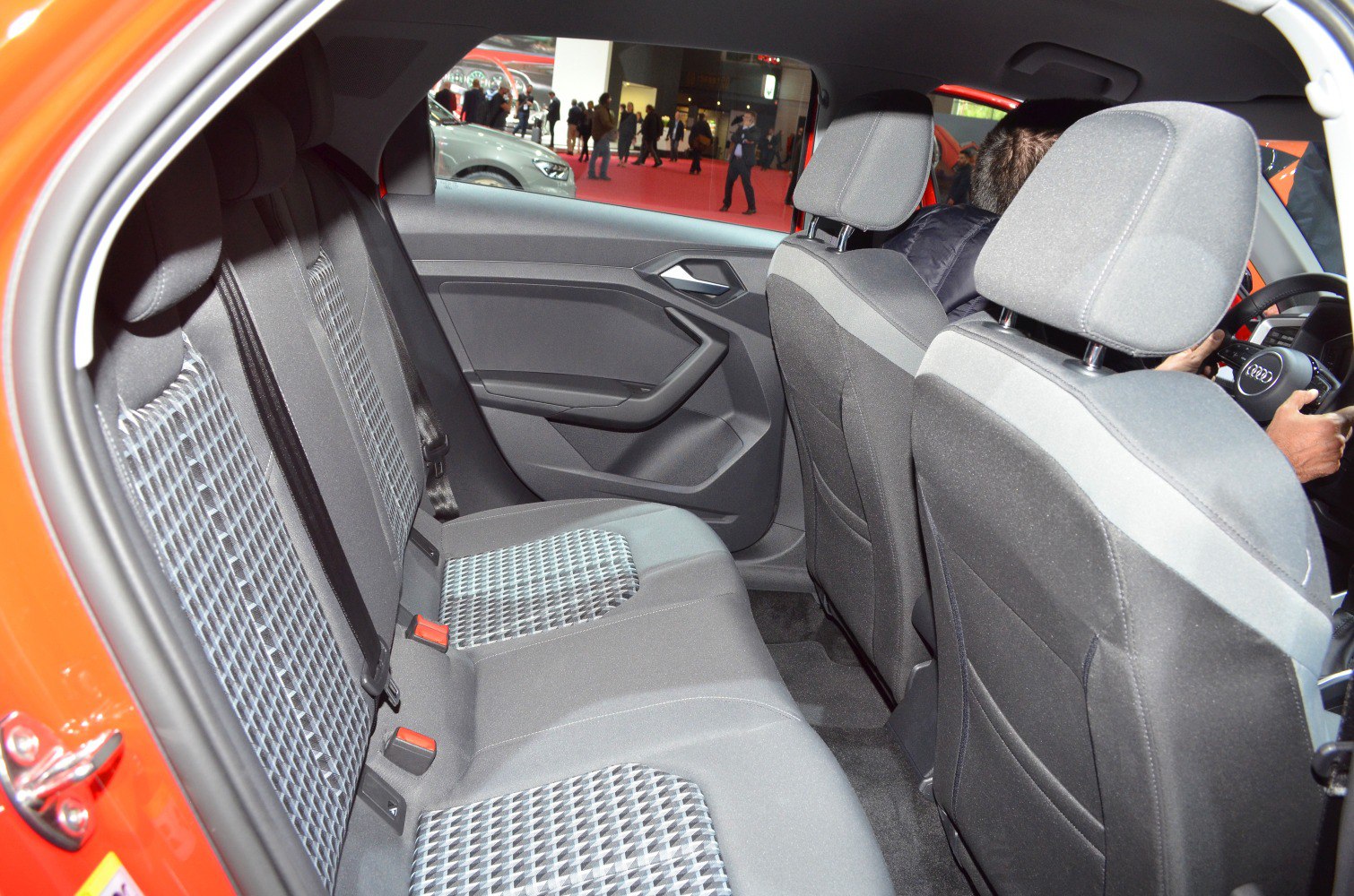 Rear seats with patterned fabric upholstery and door panel