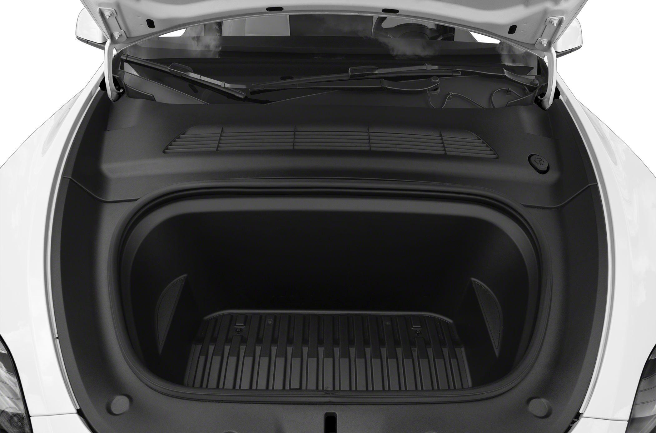 Spacious black front trunk storage compartment with a textured floor mat