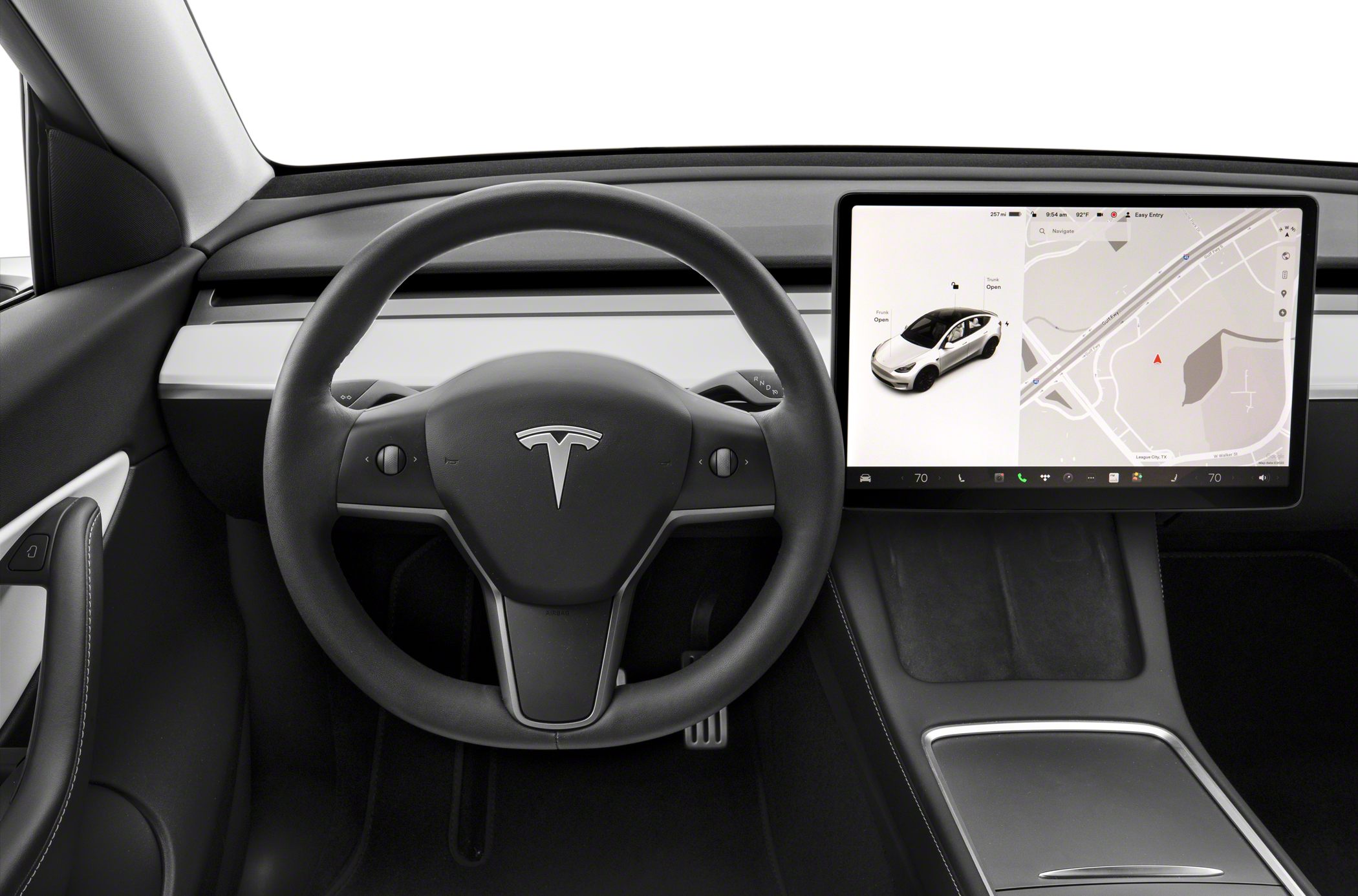 Minimalist steering wheel and large touchscreen infotainment display