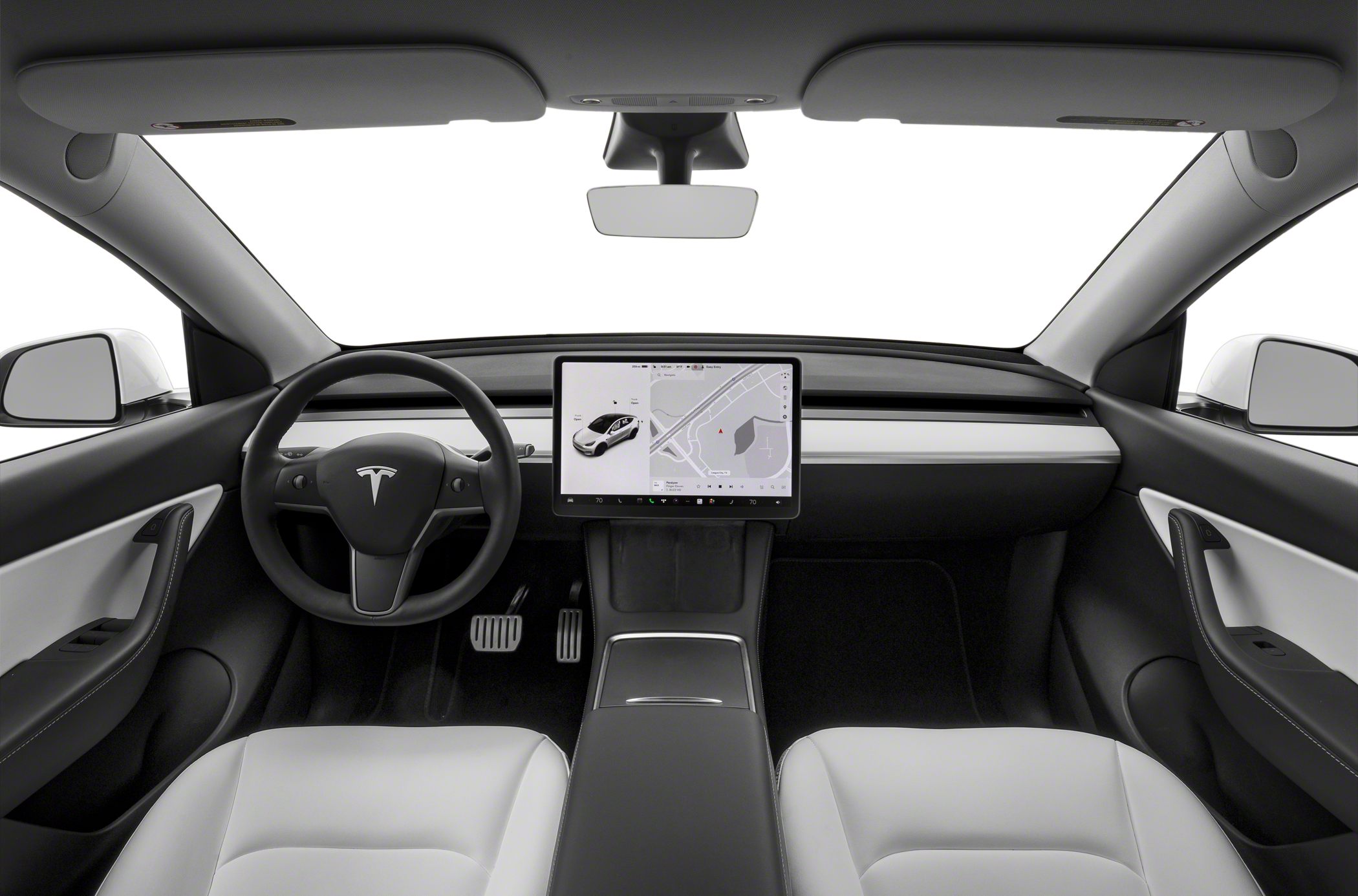 Minimalist dashboard with central touchscreen and steering wheel