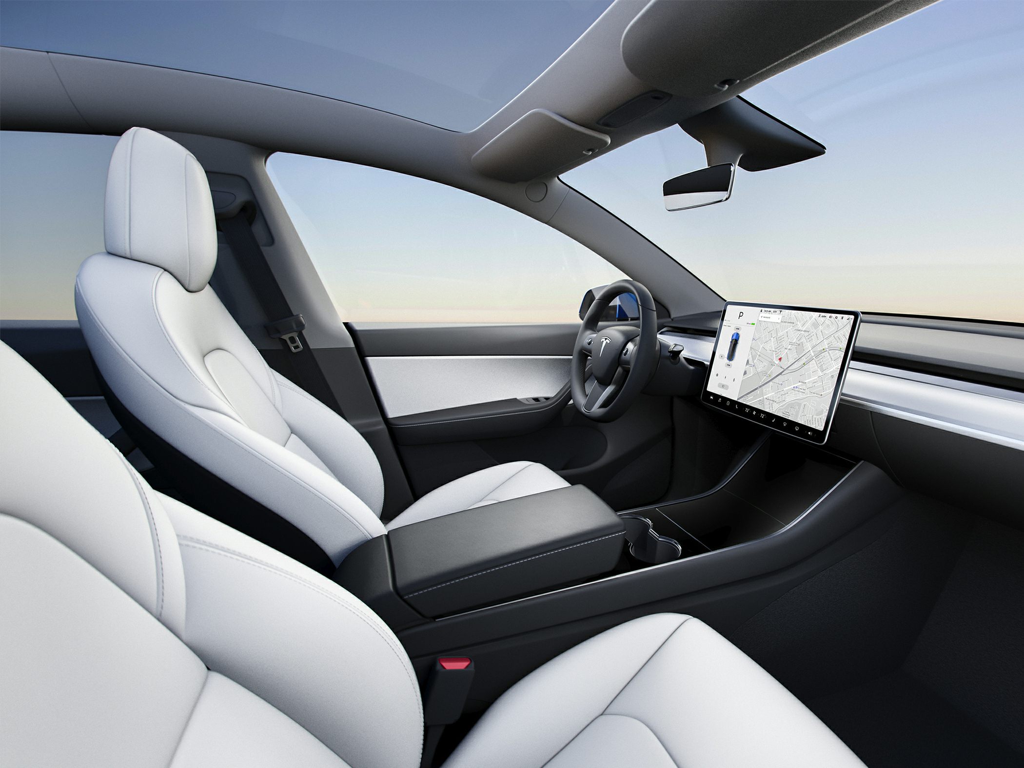 Interior with white seats and central touchscreen display