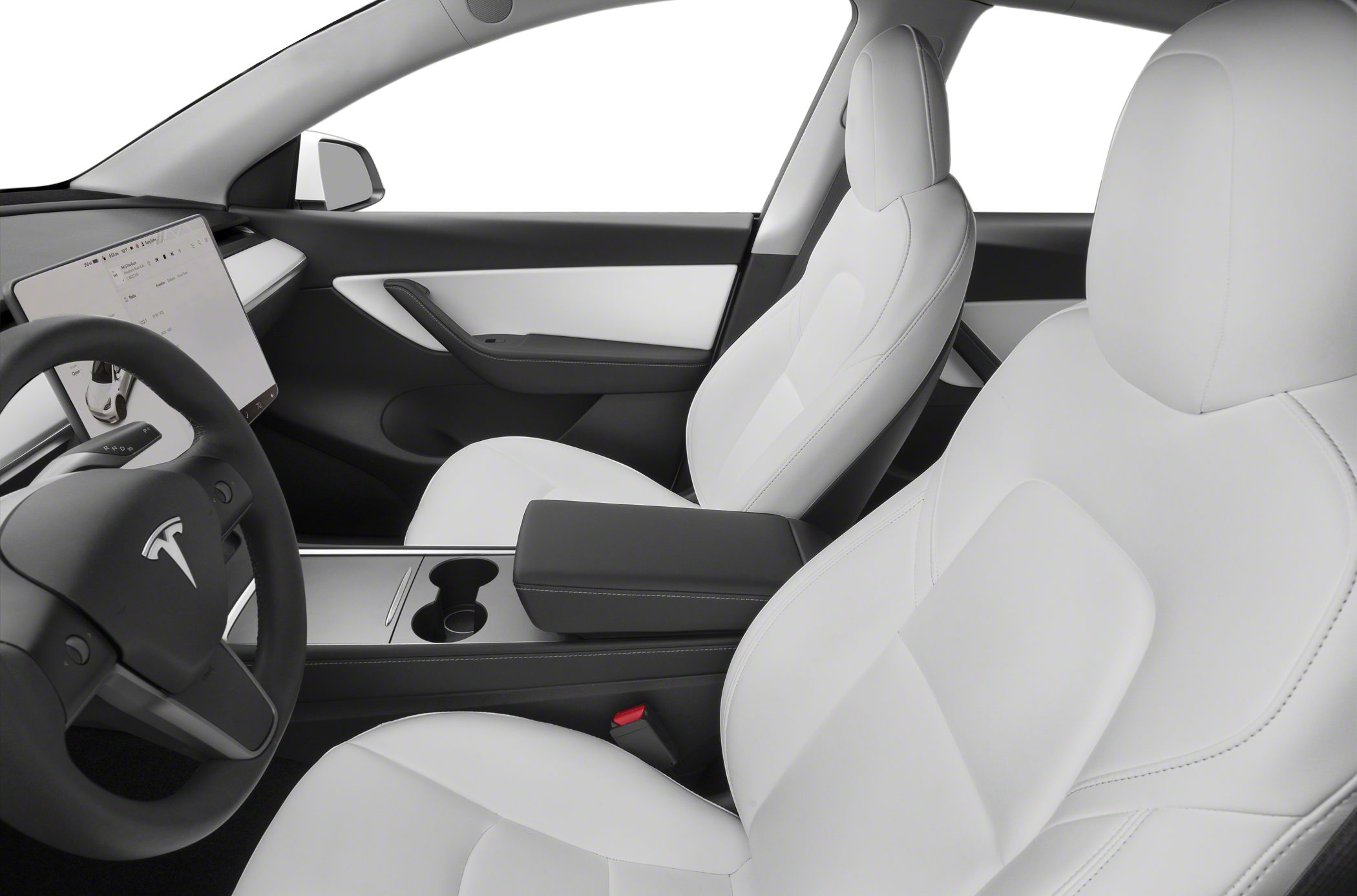 White leather seats and minimalist dashboard interior