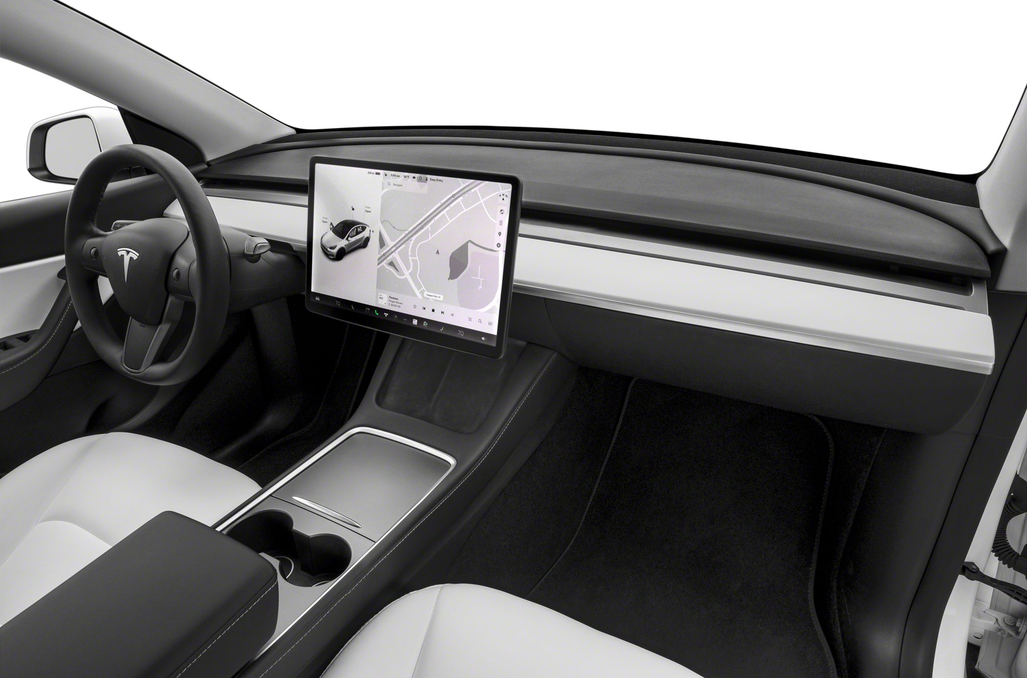 Minimalist dashboard with central touchscreen and steering wheel