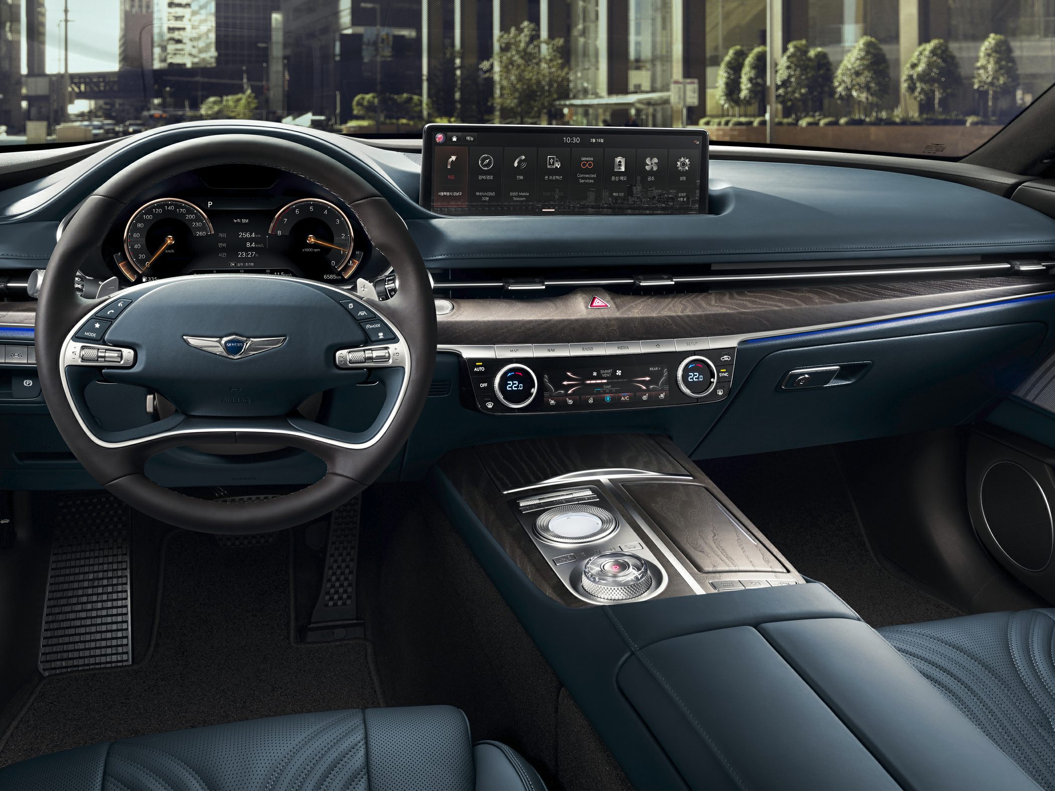 Modern digital dashboard and steering wheel with wood trim and infotainment screen