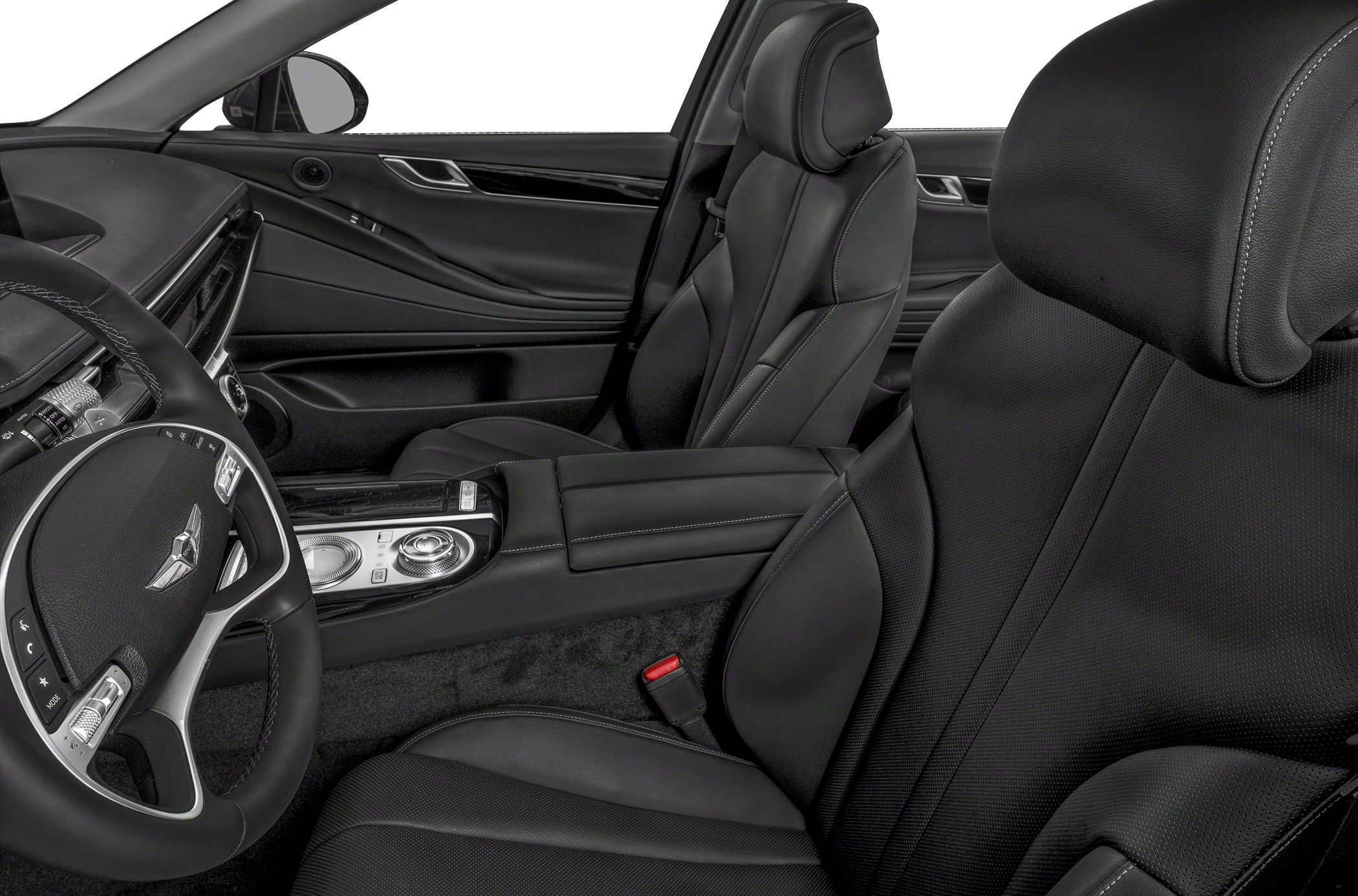 Black leather seats and modern console with controls inside car interior