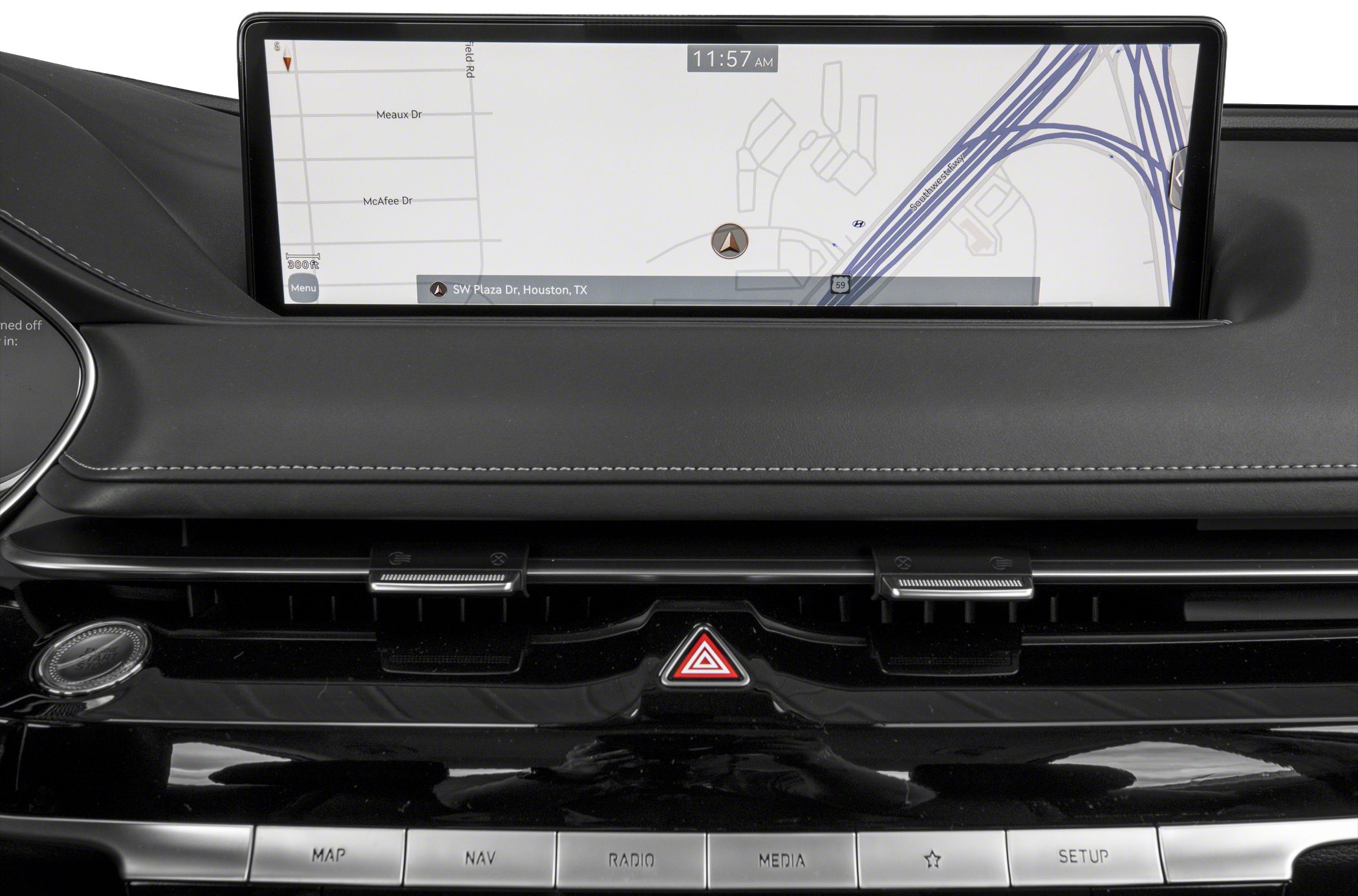Navigation touchscreen and dashboard controls in a modern vehicle interior.