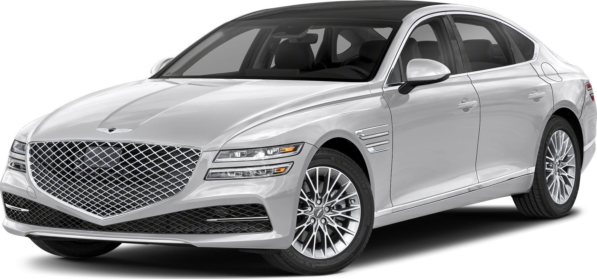 Luxury sedan with mesh front grille and split LED headlights