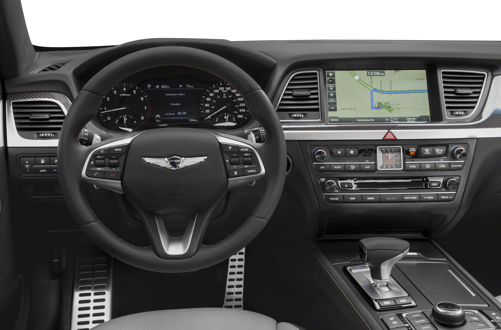 Steering wheel with controls, digital dashboard, infotainment navigation screen.