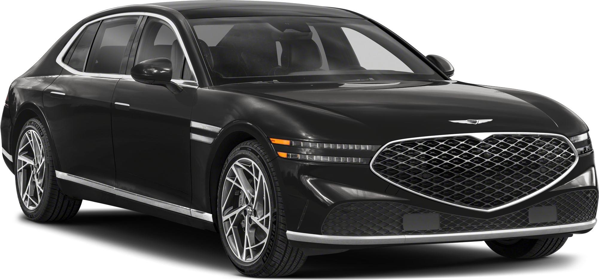 Luxurious sedan front side with diamond grille and LED strip headlights
