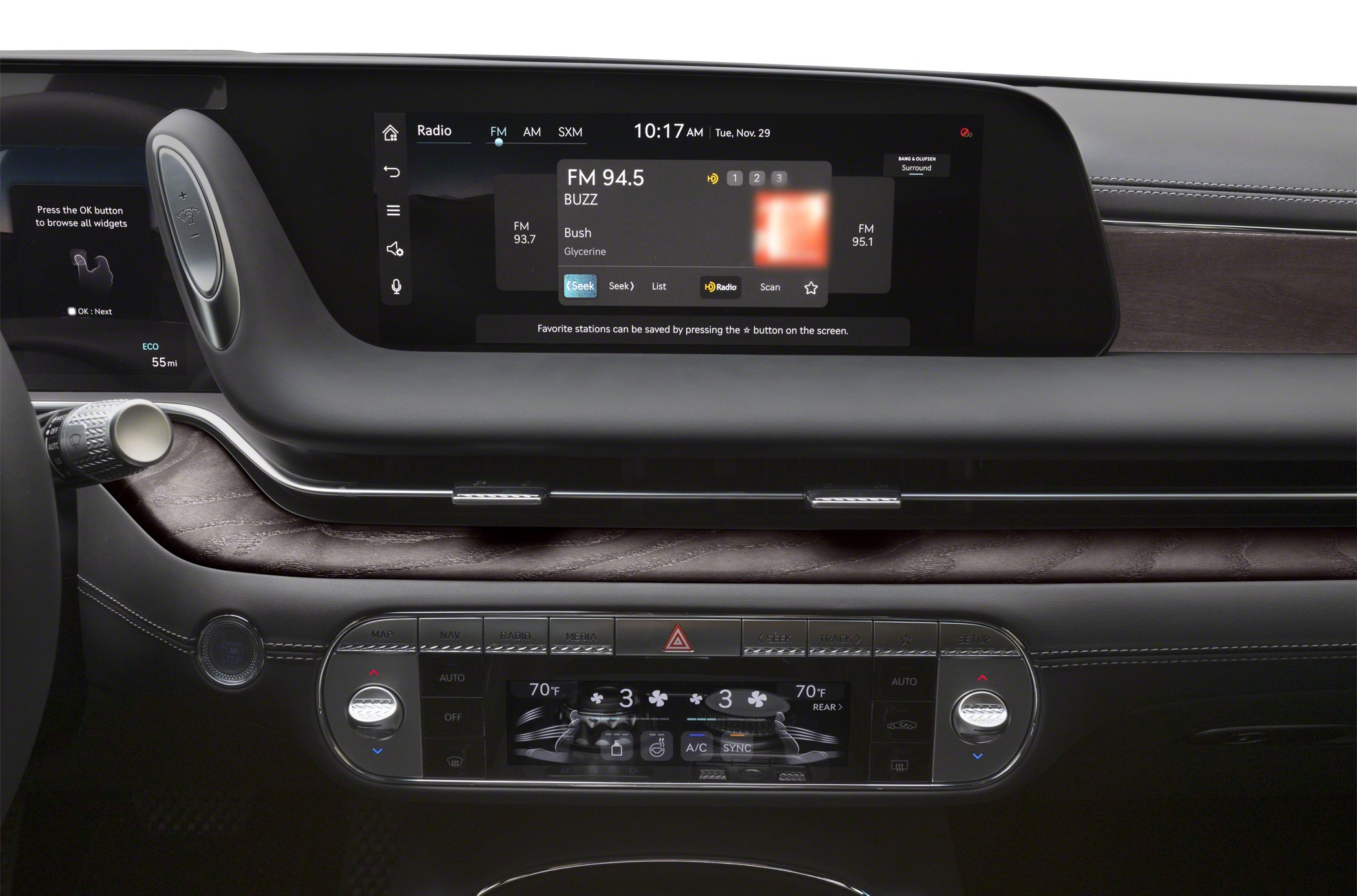 Digital infotainment and climate control touchscreen with wood trim