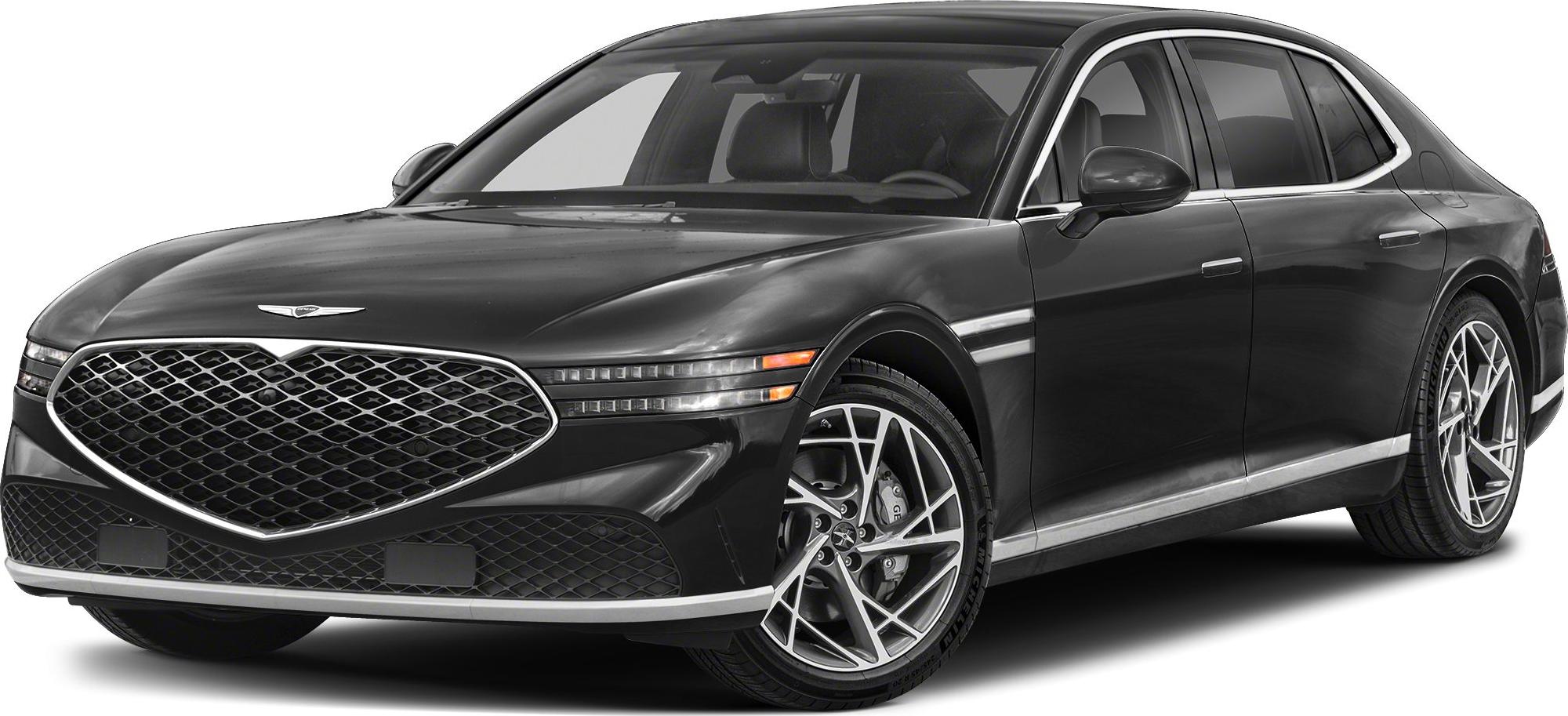 Luxury sedan with large mesh grille and horizontal multi-segment LED headlights