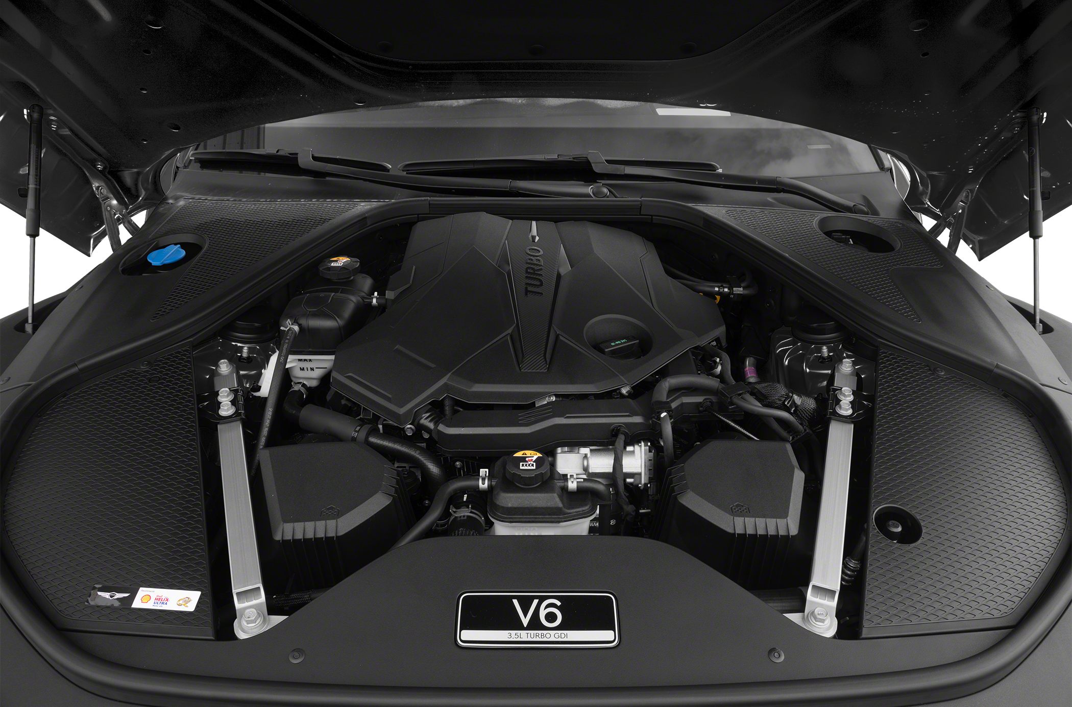 3.5L V6 turbocharged engine bay with neat, symmetrical layout and clear turbo labeling