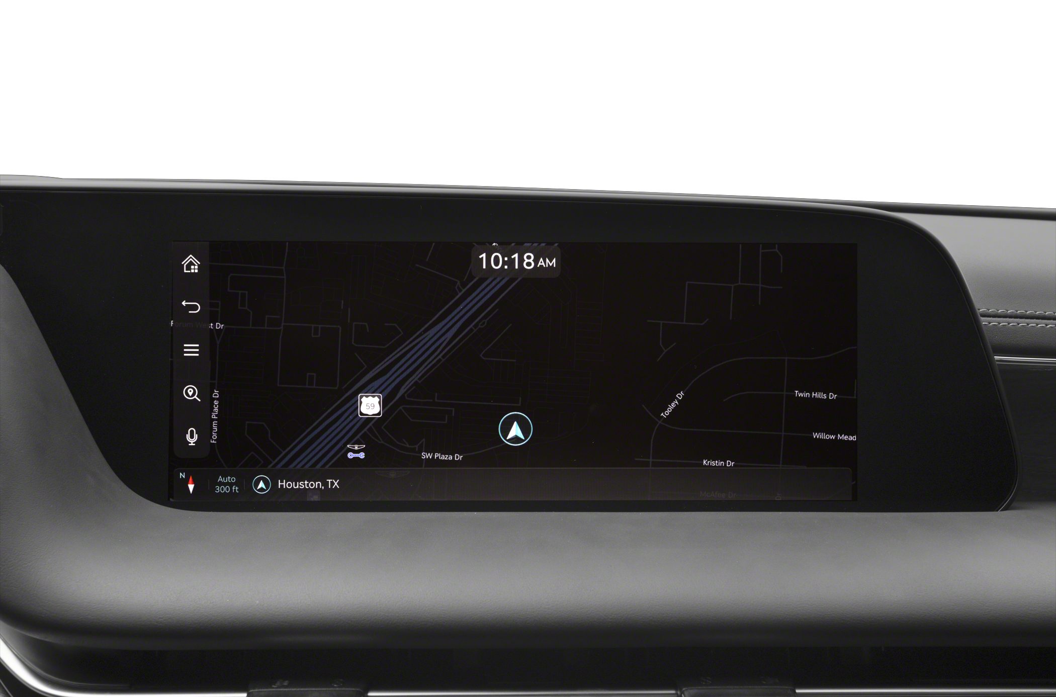 Digital navigation display showing map interface and time