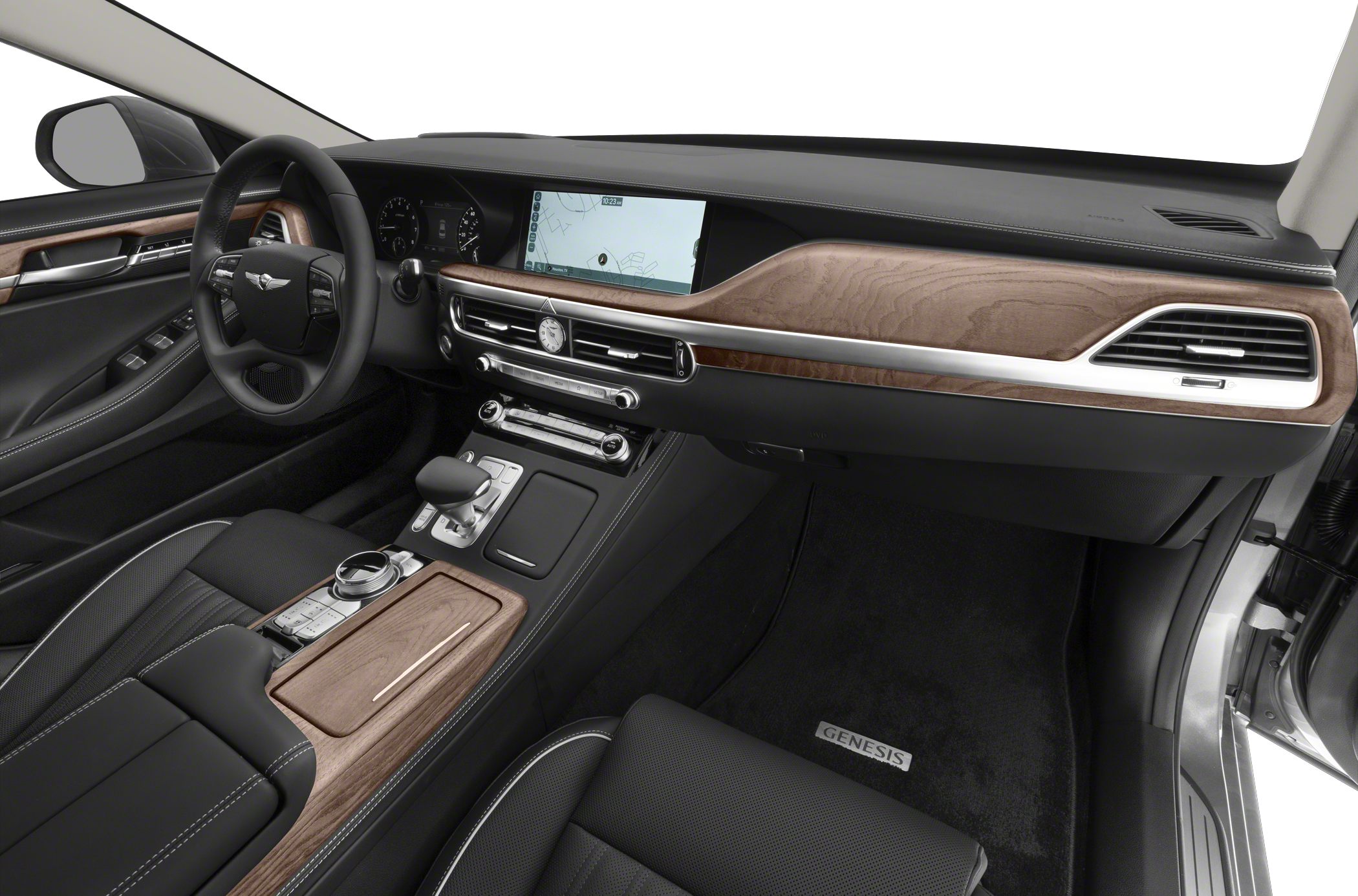 Wood trim dashboard with digital navigation screen and ergonomic controls
