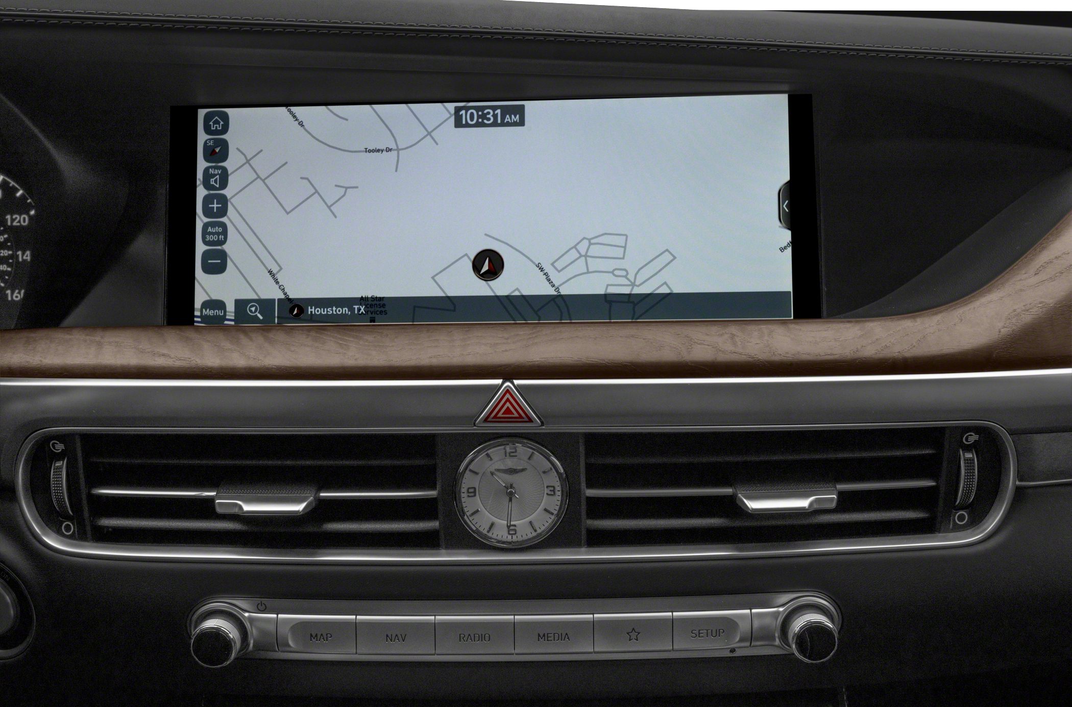 Dashboard with navigation screen and analog clock