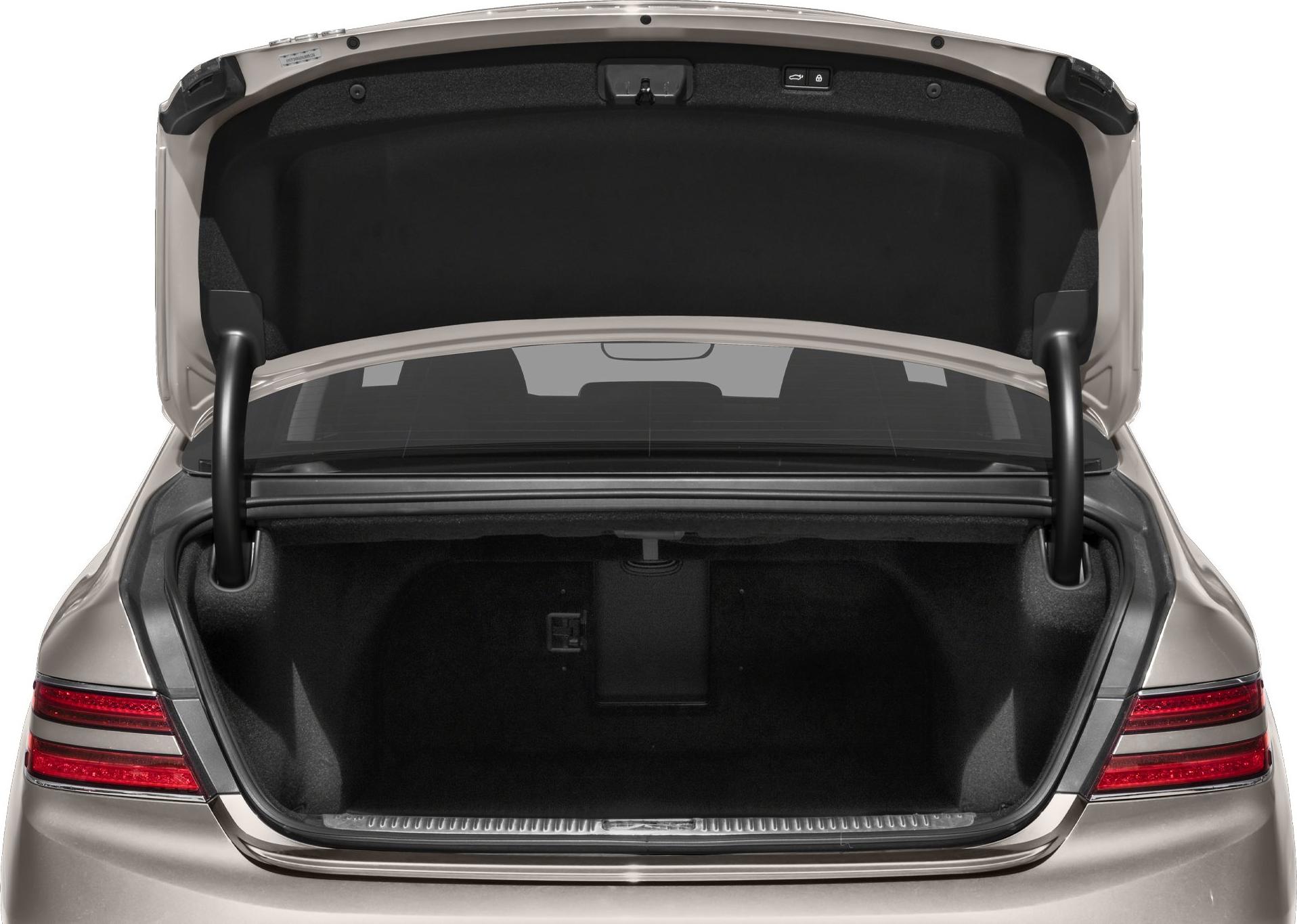 Large open trunk with spacious storage area and luxury sedan rear design