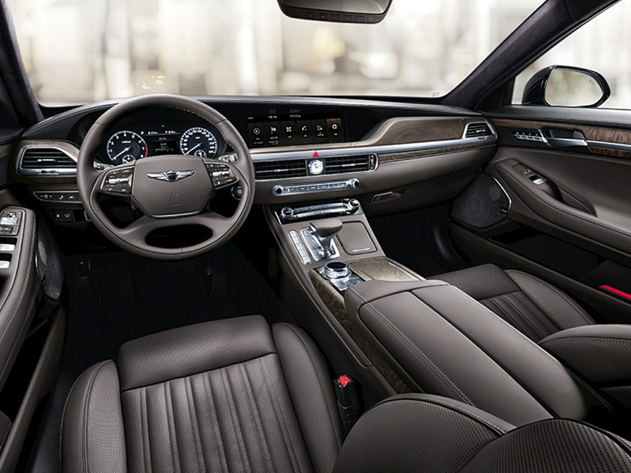 Luxury car interior with digital dashboard and wood trim