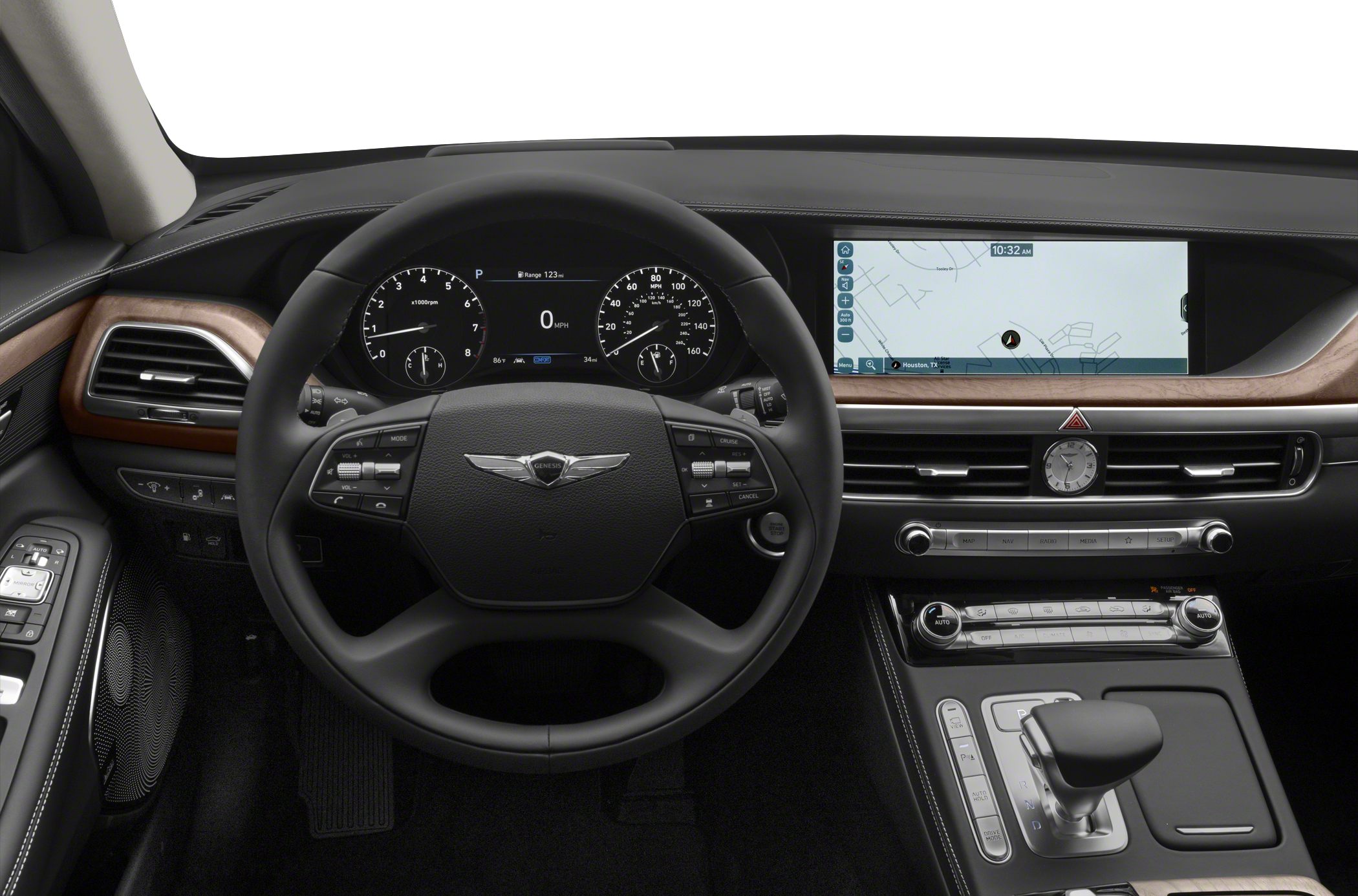 Digital instrument cluster and wide touchscreen navigation display in luxury interior