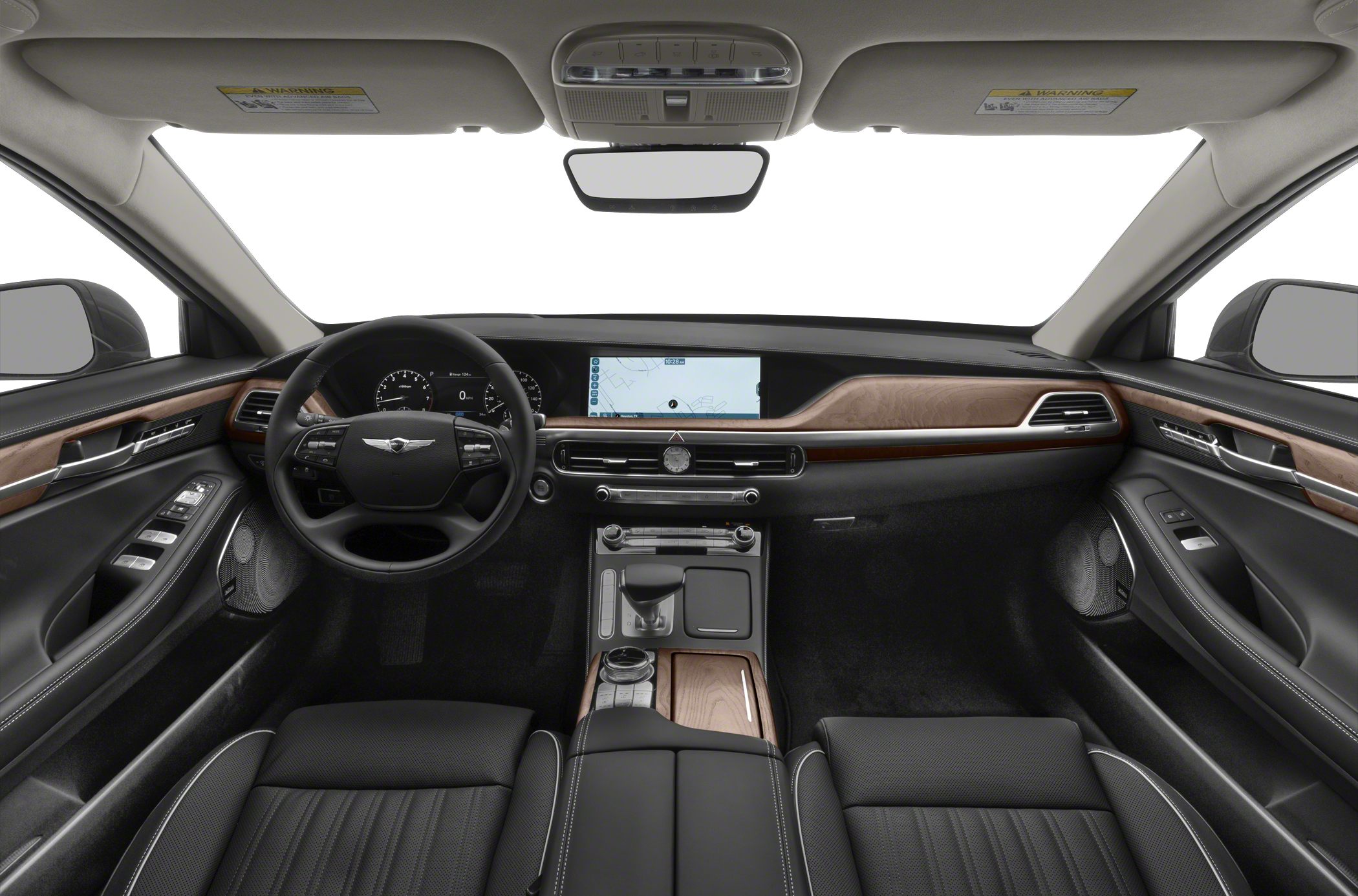 Luxury car interior with wood trim and digital dashboard