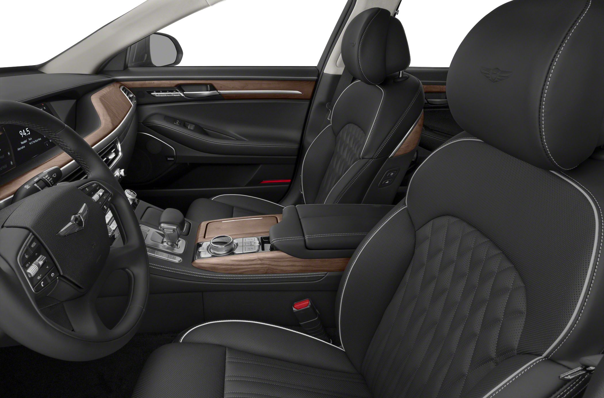 Black quilted leather seats with wood trim and premium controls