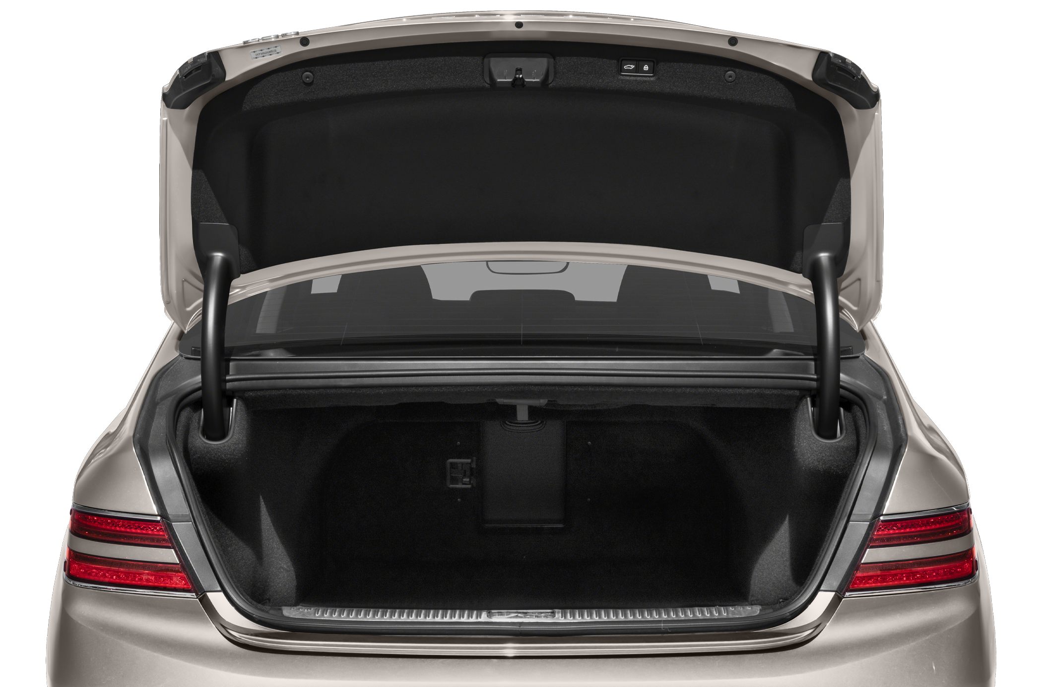 Open spacious rear trunk with black interior lining and visible hinge mechanisms.