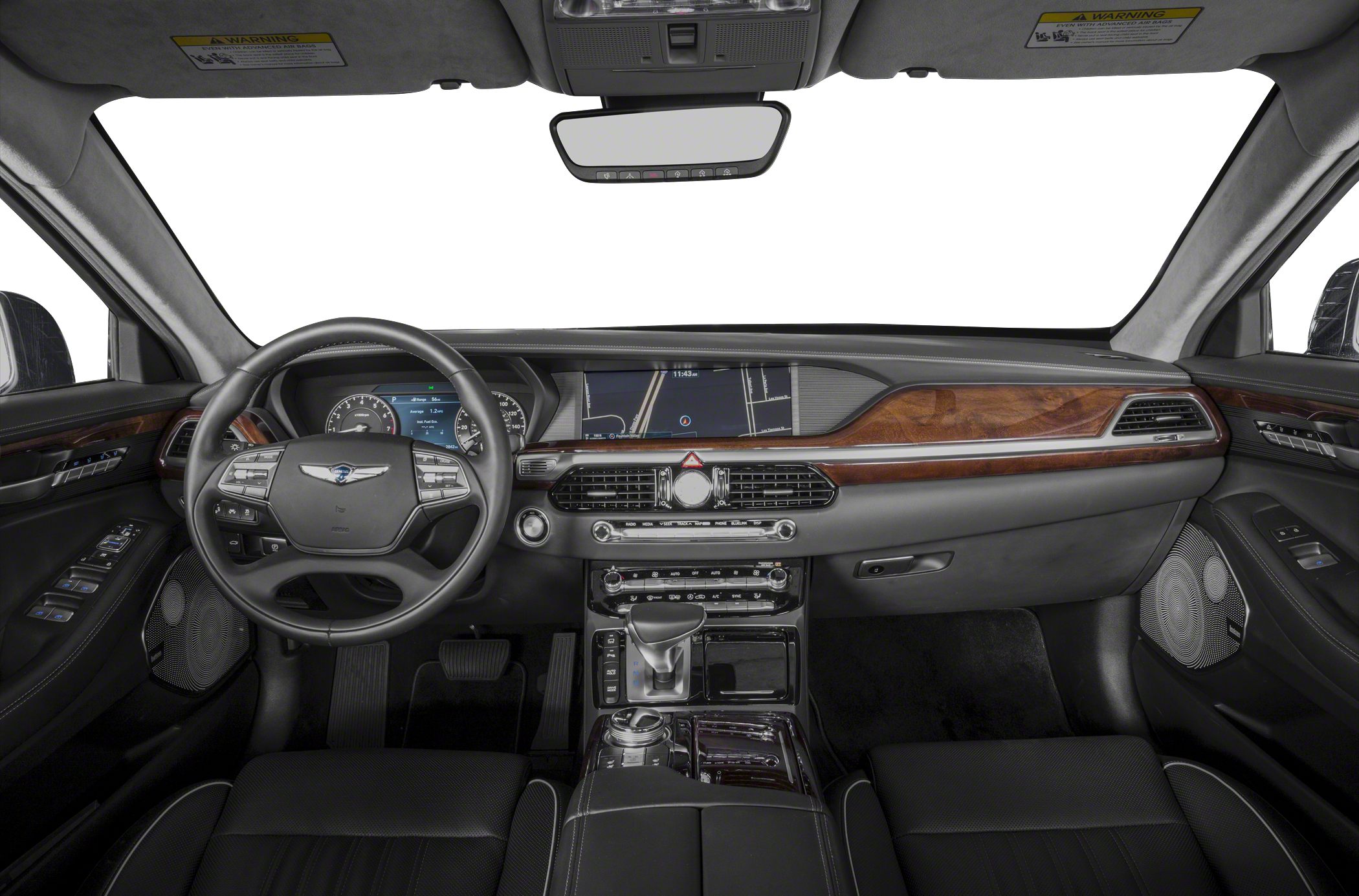 Luxury dashboard and steering wheel with wood trim and digital screens
