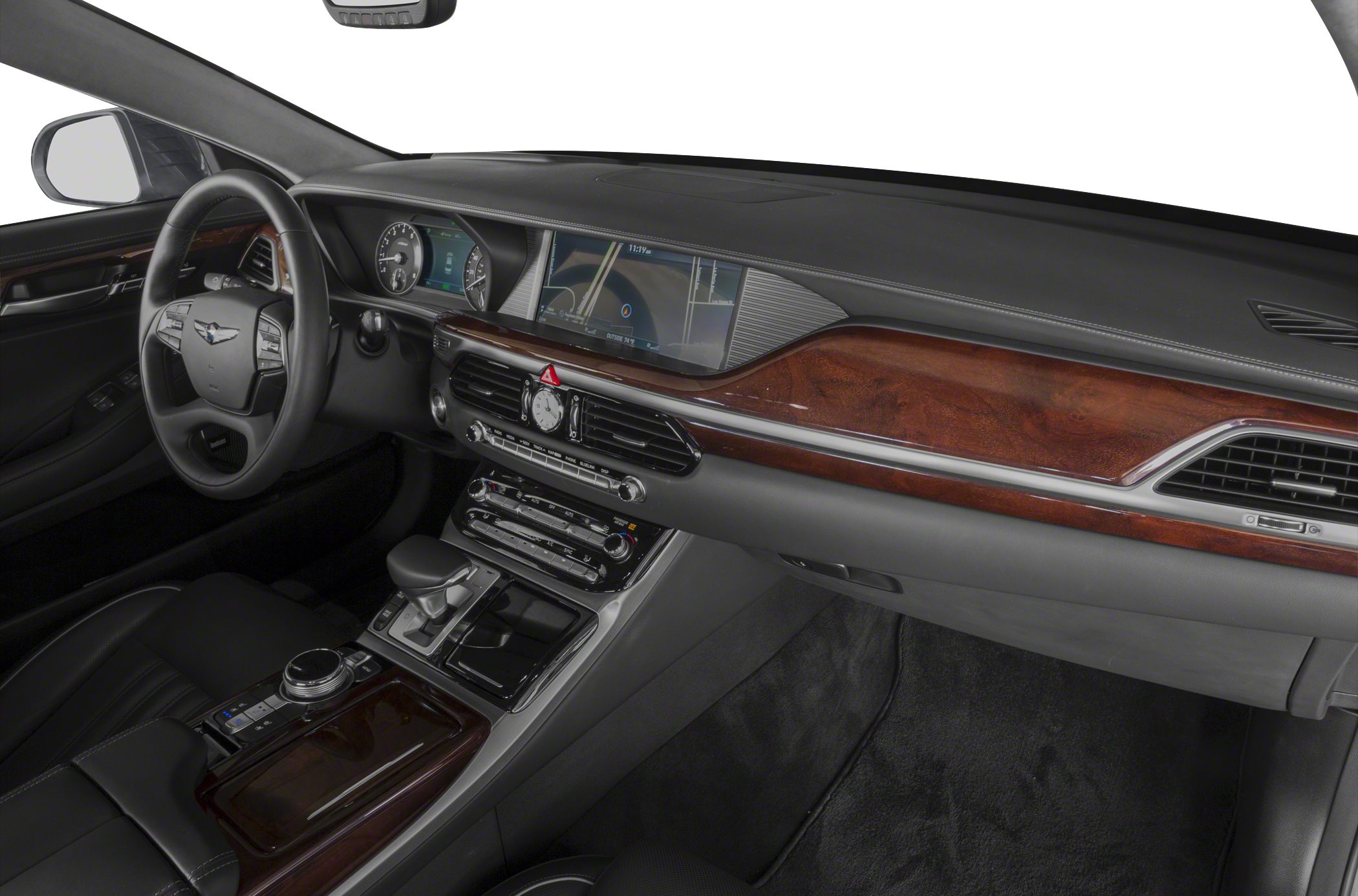 Luxury car interior with wood trim and navigation display